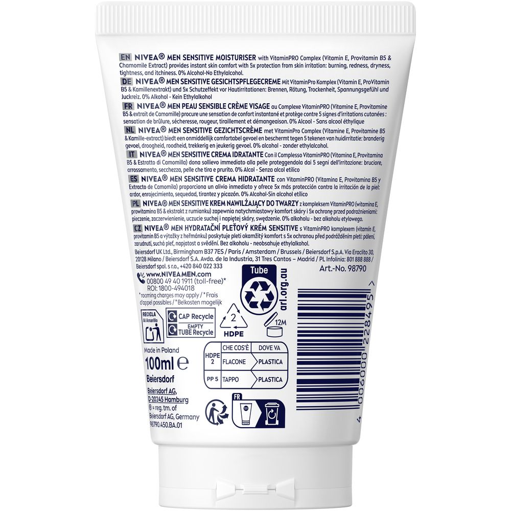 Rückseite der NIVEA MEN Sensitive Moisturiser Tube. Text in mehreren Sprachen. 100ml. Recycling-Symbole.