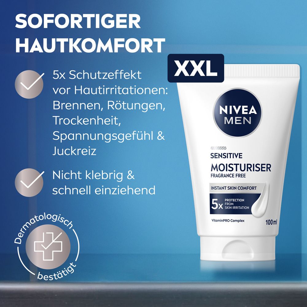 NIVEA MEN Sensitive Moisturiser Tube. XXL-Aufdruck. Text: Sofortiger Hautkomfort. Dermatologisch bestätigt.