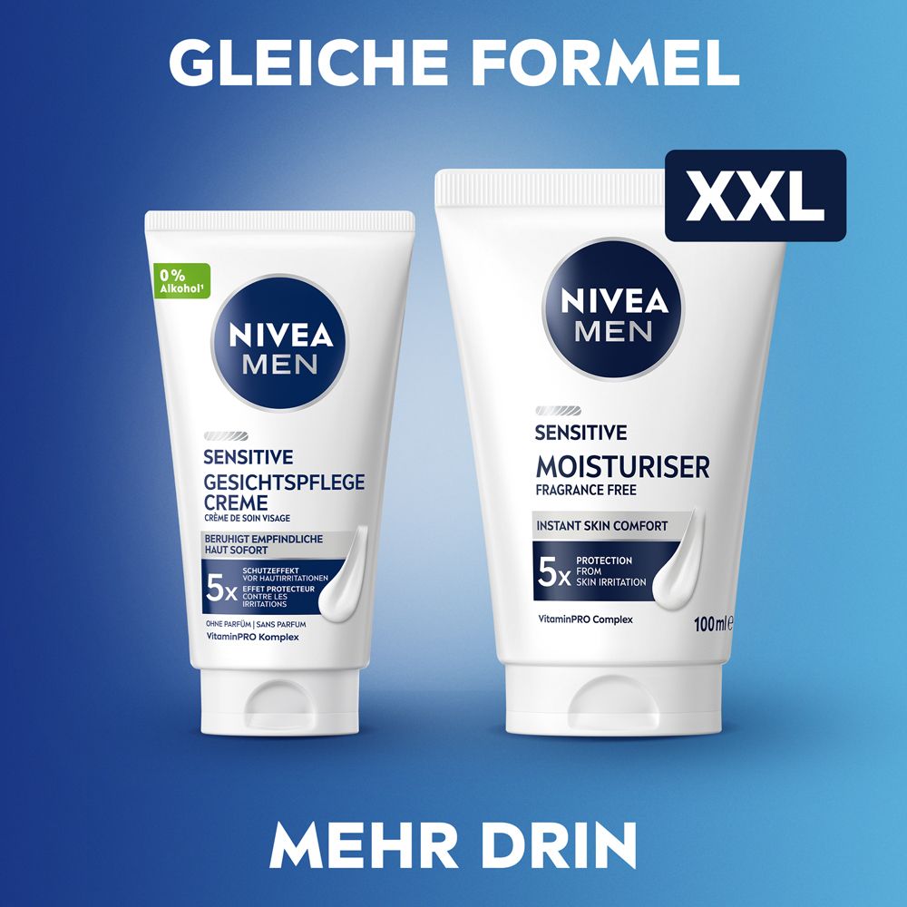 Vergleich von NIVEA MEN Gesichtspflege Creme und Sensitive Moisturiser. XXL-Aufdruck.