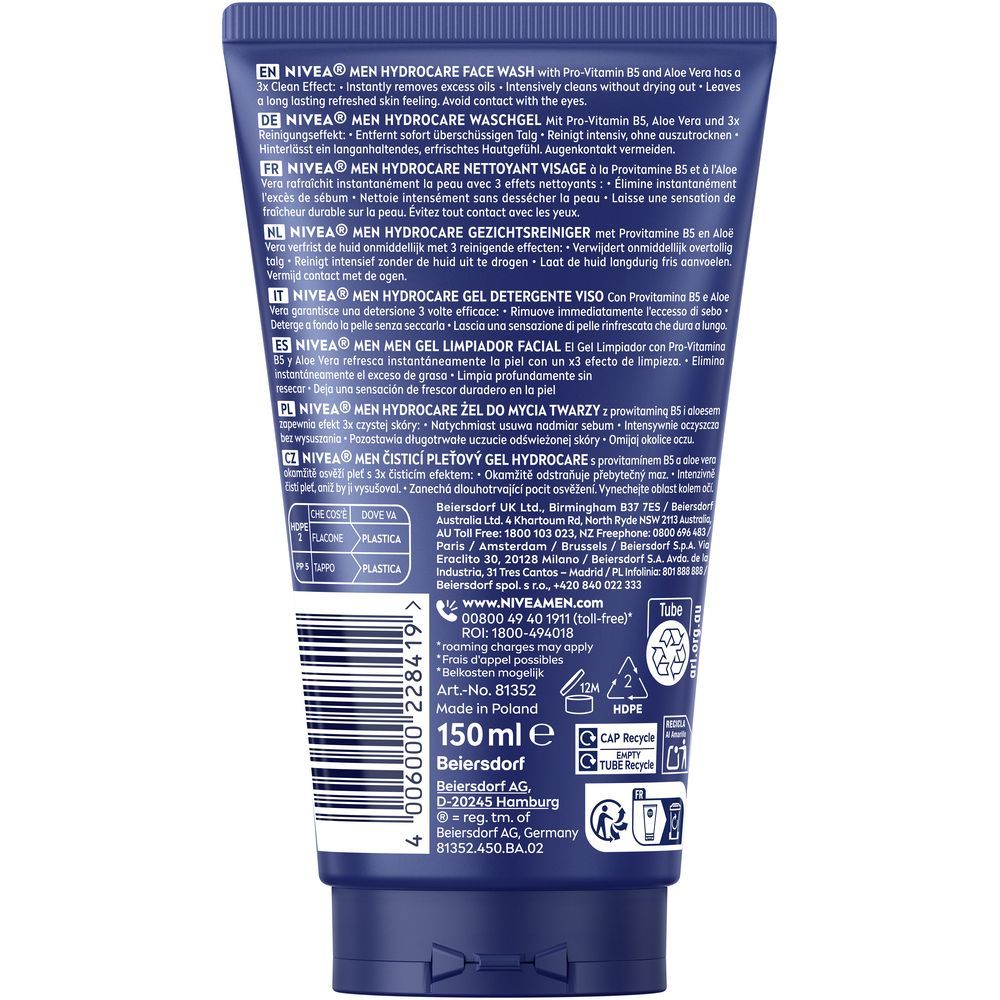 Rückseite der Tube NIVEA MEN HydroCare Face Wash. Text in mehreren Sprachen. Inhaltsstoffe und Informationen.