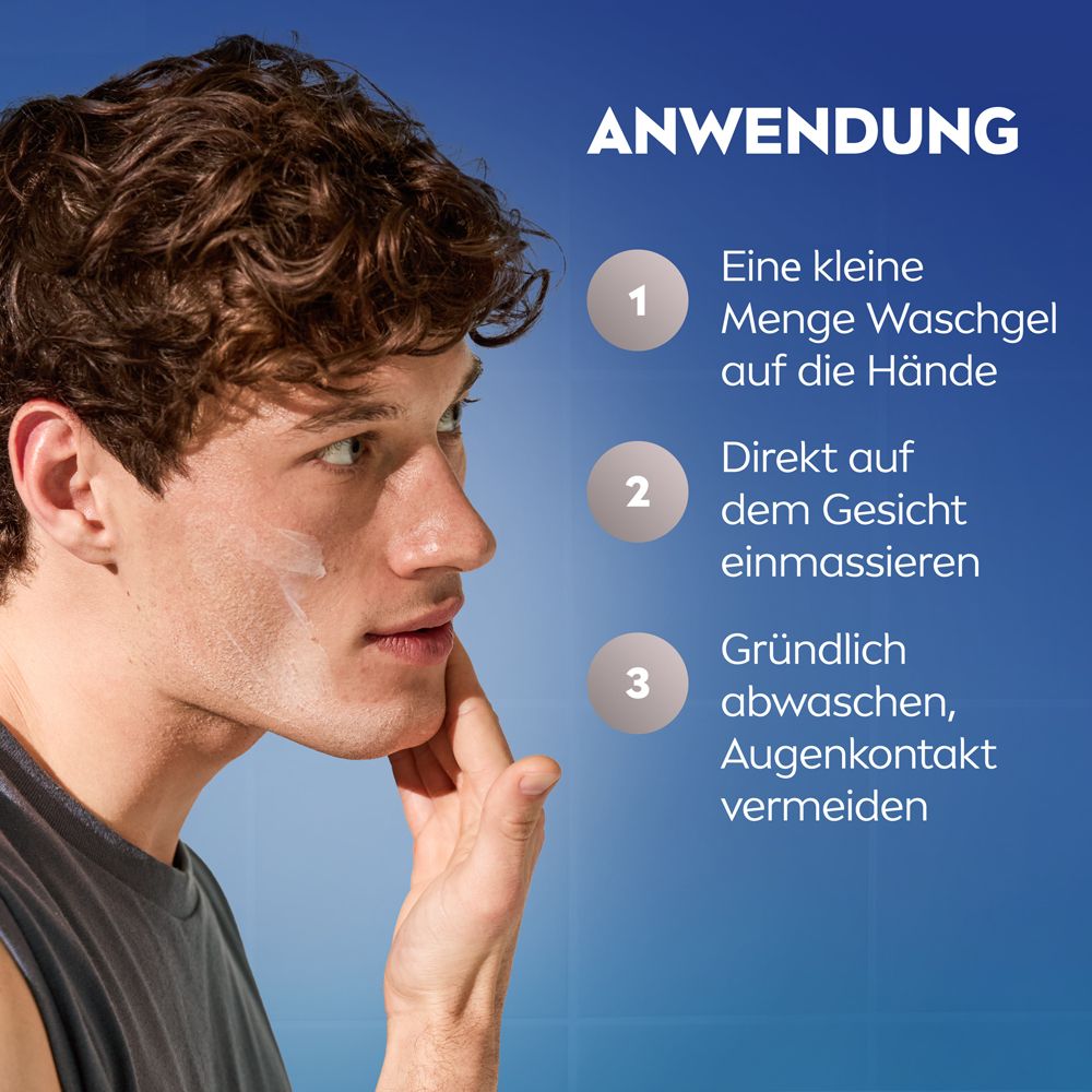 Mann wäscht sich das Gesicht. Text: Anwendung. Waschgel auf Hände, Gesicht einmassieren, abwaschen.