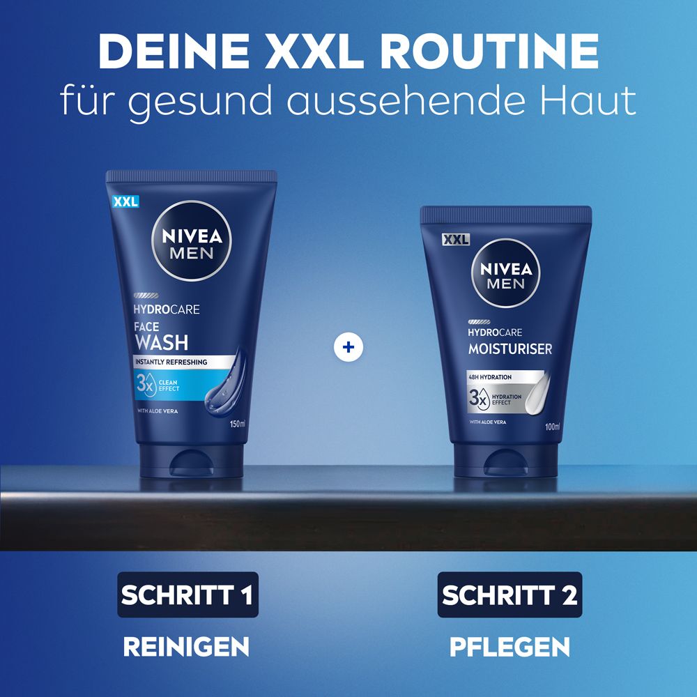 Zwei NIVEA MEN Produkte. Waschgel und Moisturiser. Text: XXL-Routine für gesunde Haut.