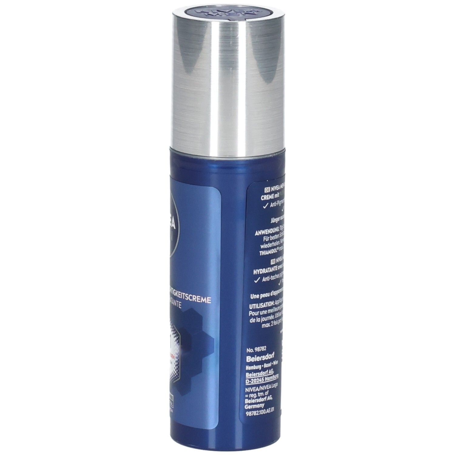 Blaue Flasche mit silbernem Deckel. NIVEA MEN Anti-Age Feuchtigkeitscreme. Text: Anwendungshinweise, Inhaltsstoffe.