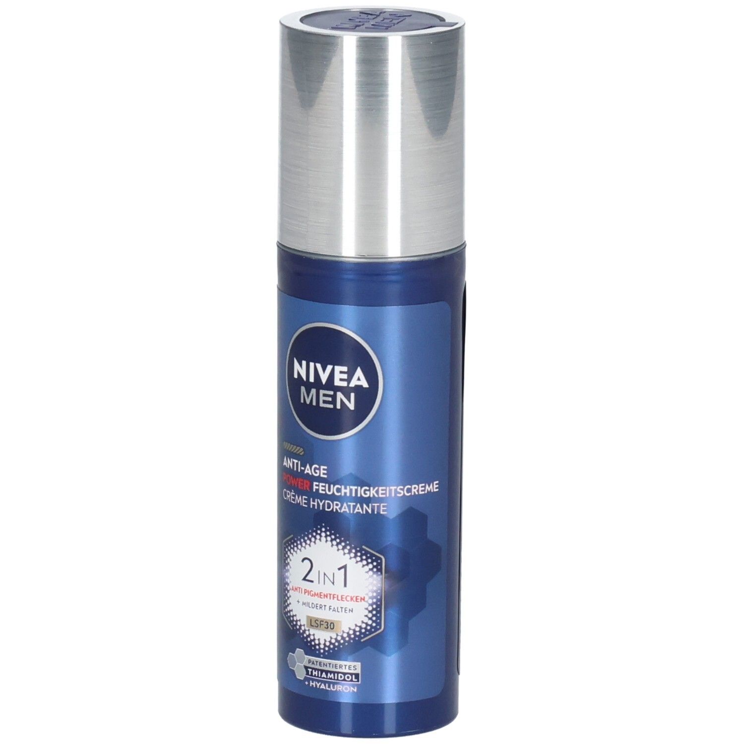 Blaue Flasche mit silbernem Deckel. NIVEA MEN Anti-Age 2in1 Power Feuchtigkeitscreme LSF 30. Text: 2in1, Anti-Pigmentflecken.