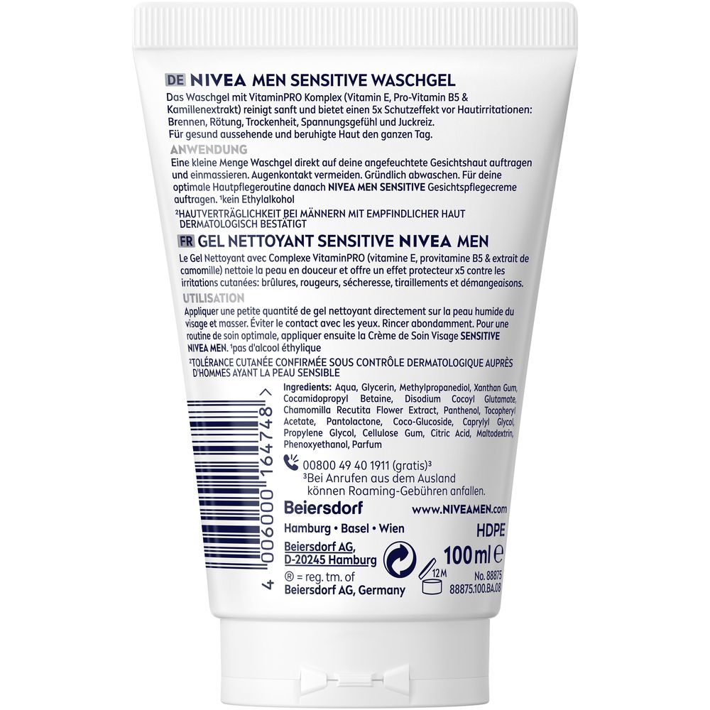 Rückseite einer Tube NIVEA MEN Sensitive Waschgel mit Inhaltsstoffen und Anwendungshinweisen.