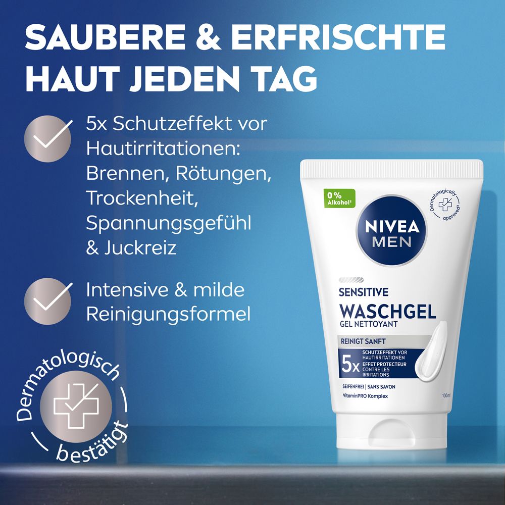 NIVEA MEN Sensitive Waschgel Tube neben Text über 5x Schutzeffekt und milde Reinigung.