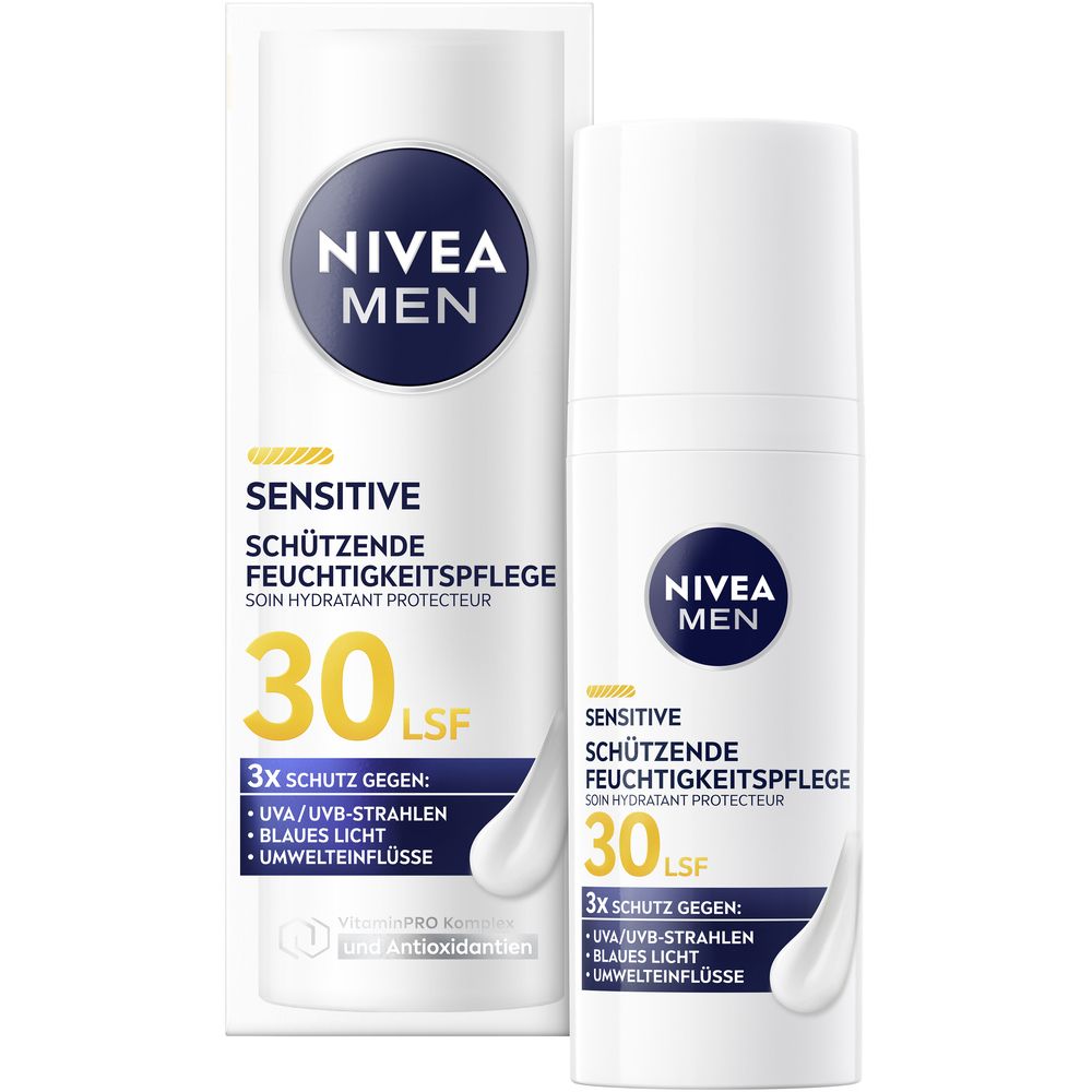 Nivea Men Sensitive Feuchtigkeits- und Schutzcreme LSF 30 mit Verpackung.