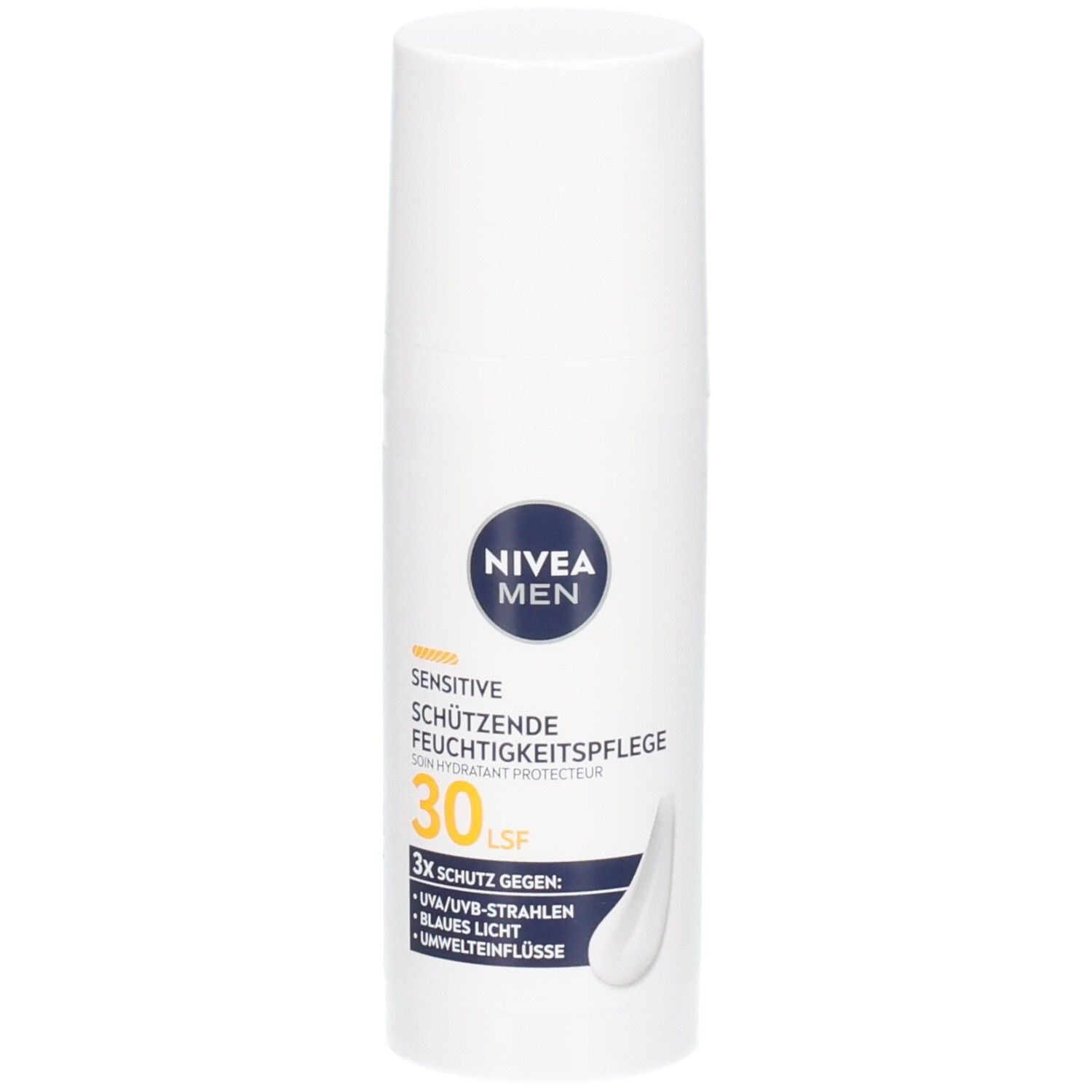 Weiße Flasche mit NIVEA MEN Sensitive Feuchtigkeitspflege LSF30. Blaue und weiße Etiketten. Produktabbildung.