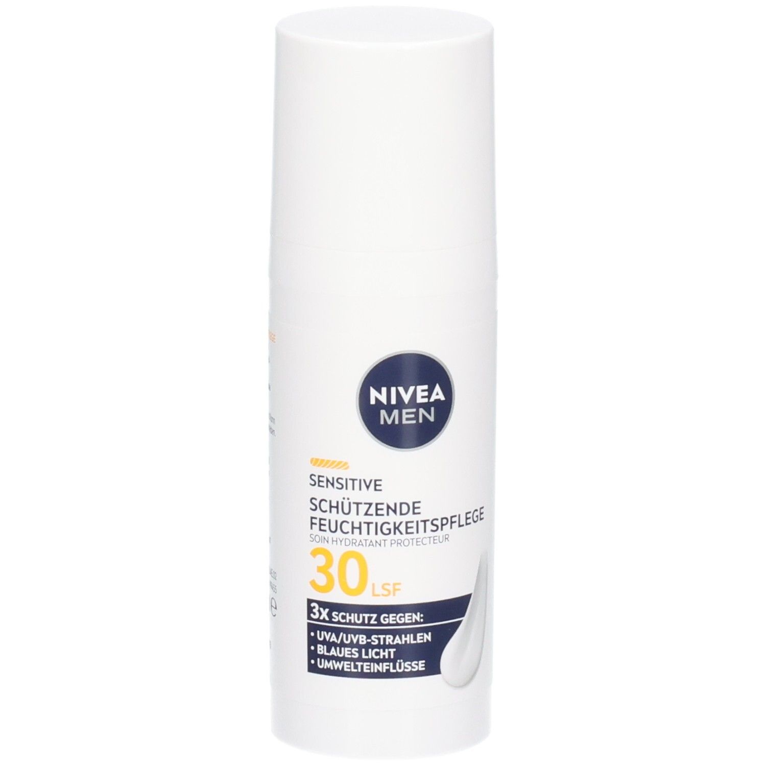 Weiße Flasche mit NIVEA MEN Sensitive Feuchtigkeitspflege LSF30. Blaue und weiße Etiketten. Produktabbildung.