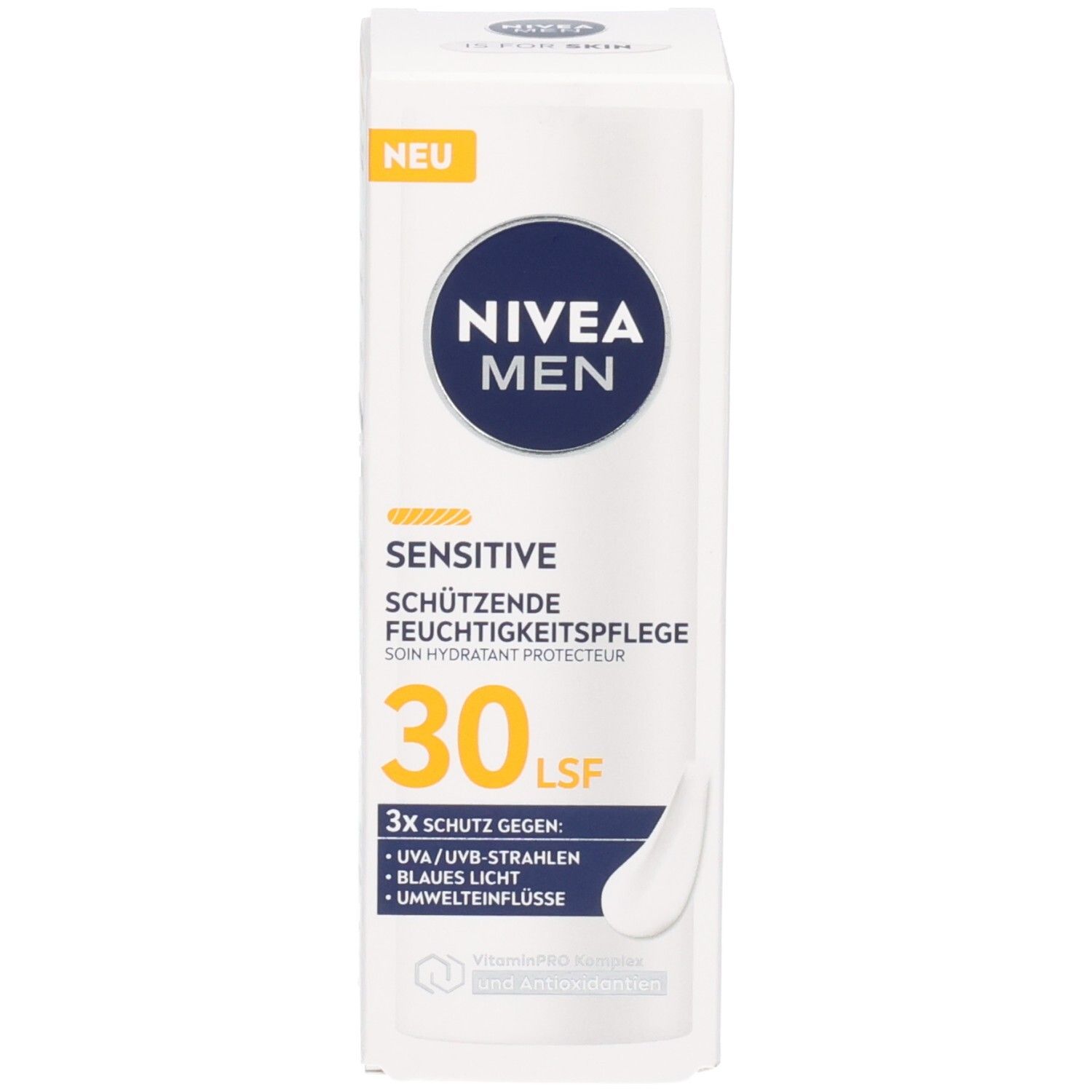 Verpackung von NIVEA MEN Sensitive Feuchtigkeitspflege LSF30. Weißer Karton mit Produktinformationen.