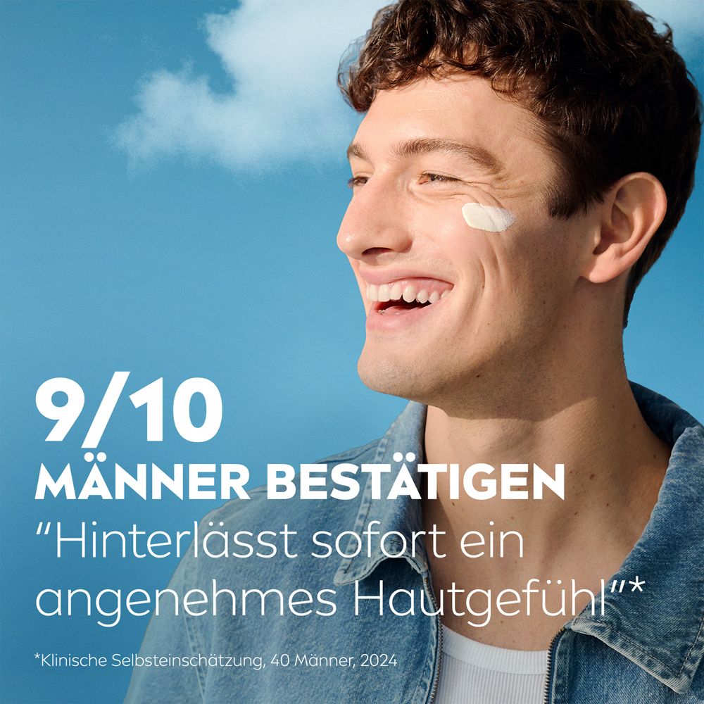 Mann mit Nivea Men Sensitive Feuchtigkeits- und Schutzcreme LSF 30 auf der Wange, 9/10 Männer bestätigen angenehmes Hautgefühl.