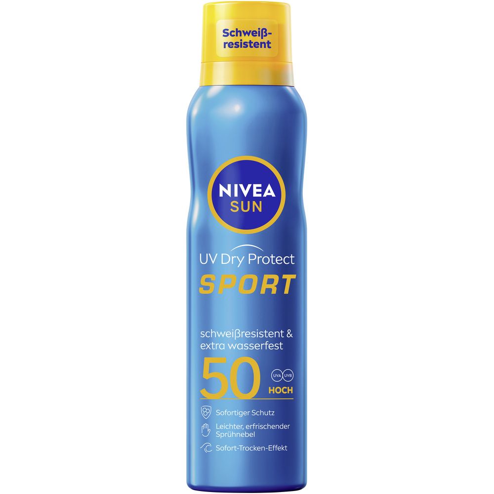 Nivea Sun UV Dry Protect Sport Sonnenspray, LSF 50, blau-gelbe Dose, schweißresistent.