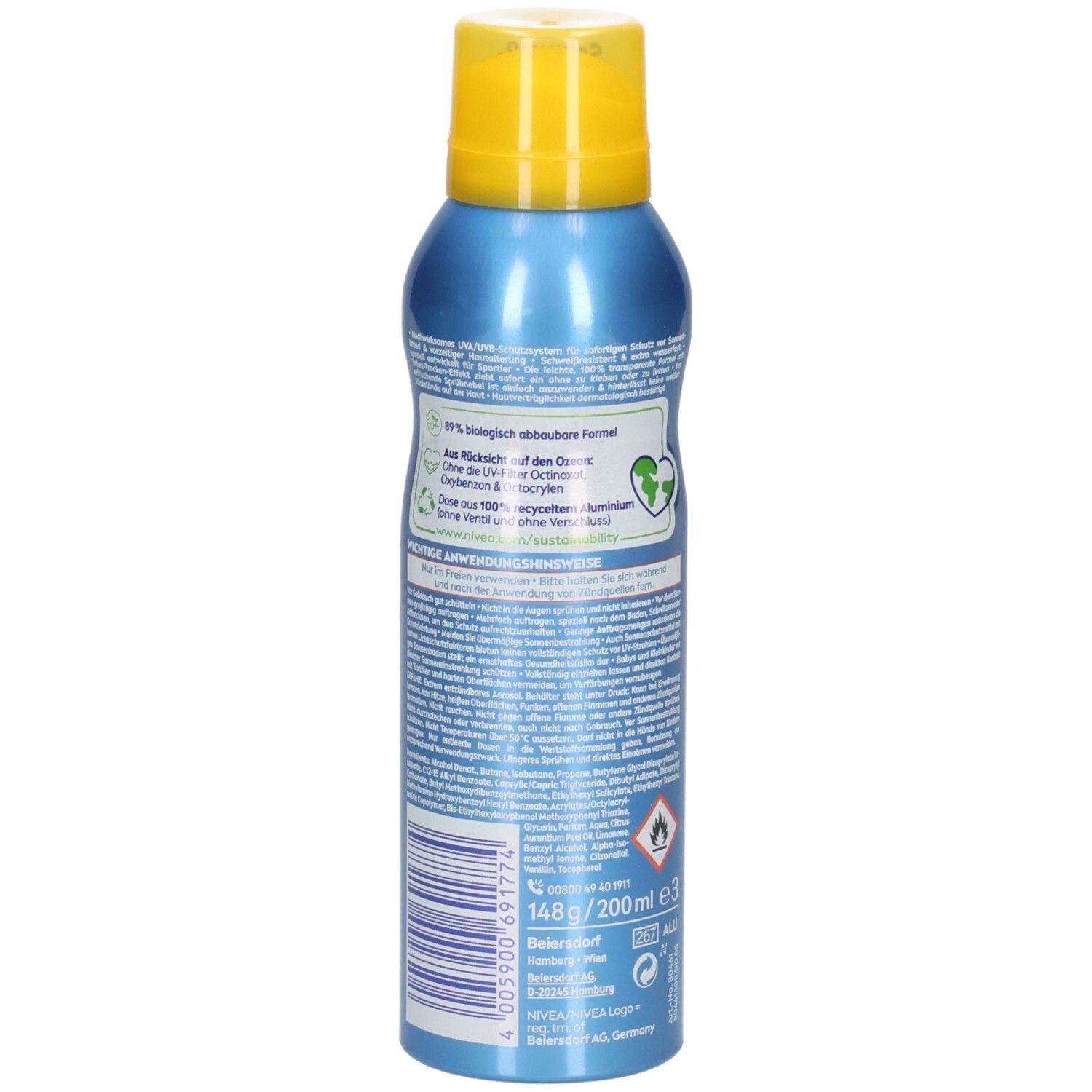 Rückseite der Sonnenspray-Flasche. Text: 89% biologisch abbaubare Formel. Recycling-Logo. 148g/200ml.