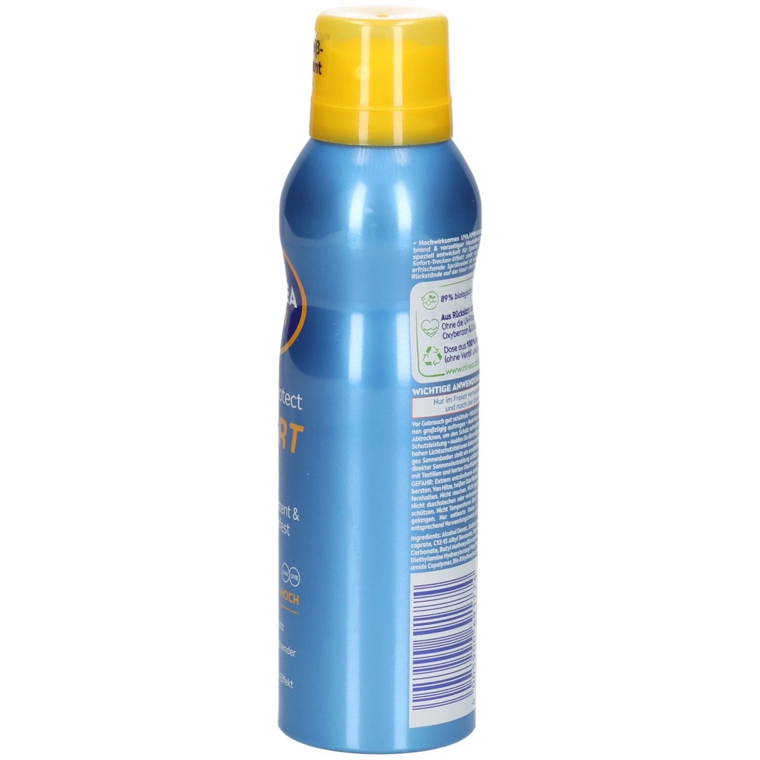 Sonnenspray-Flasche, seitliche Ansicht. Aufschrift: NIVEA SUN UV Dry Protect SPORT. LSF 50. Recycling-Logo. 200ml.