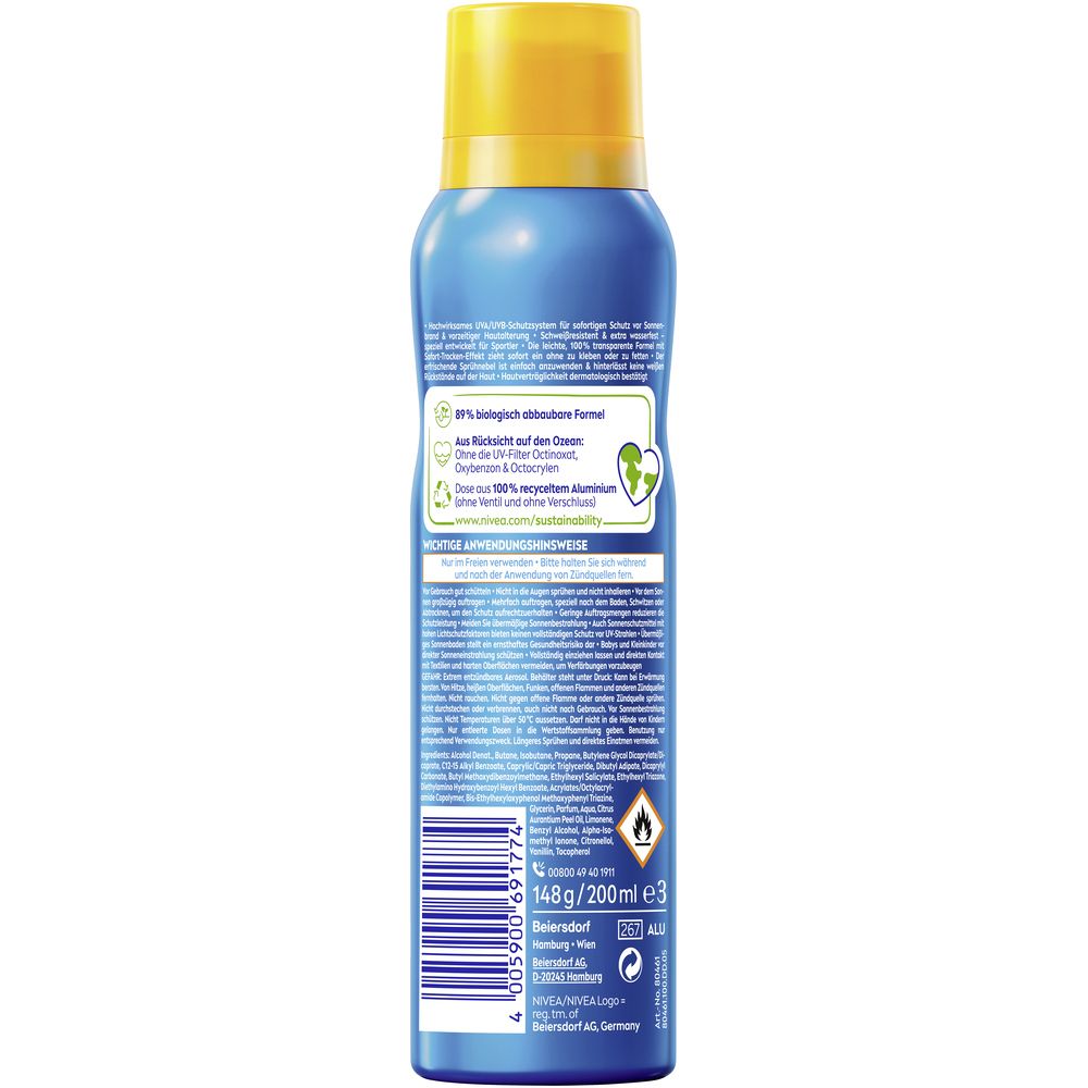 Rückseite Nivea Sun UV Dry Protect Sport Sonnenspray, 200ml, mit Anwendungshinweisen.