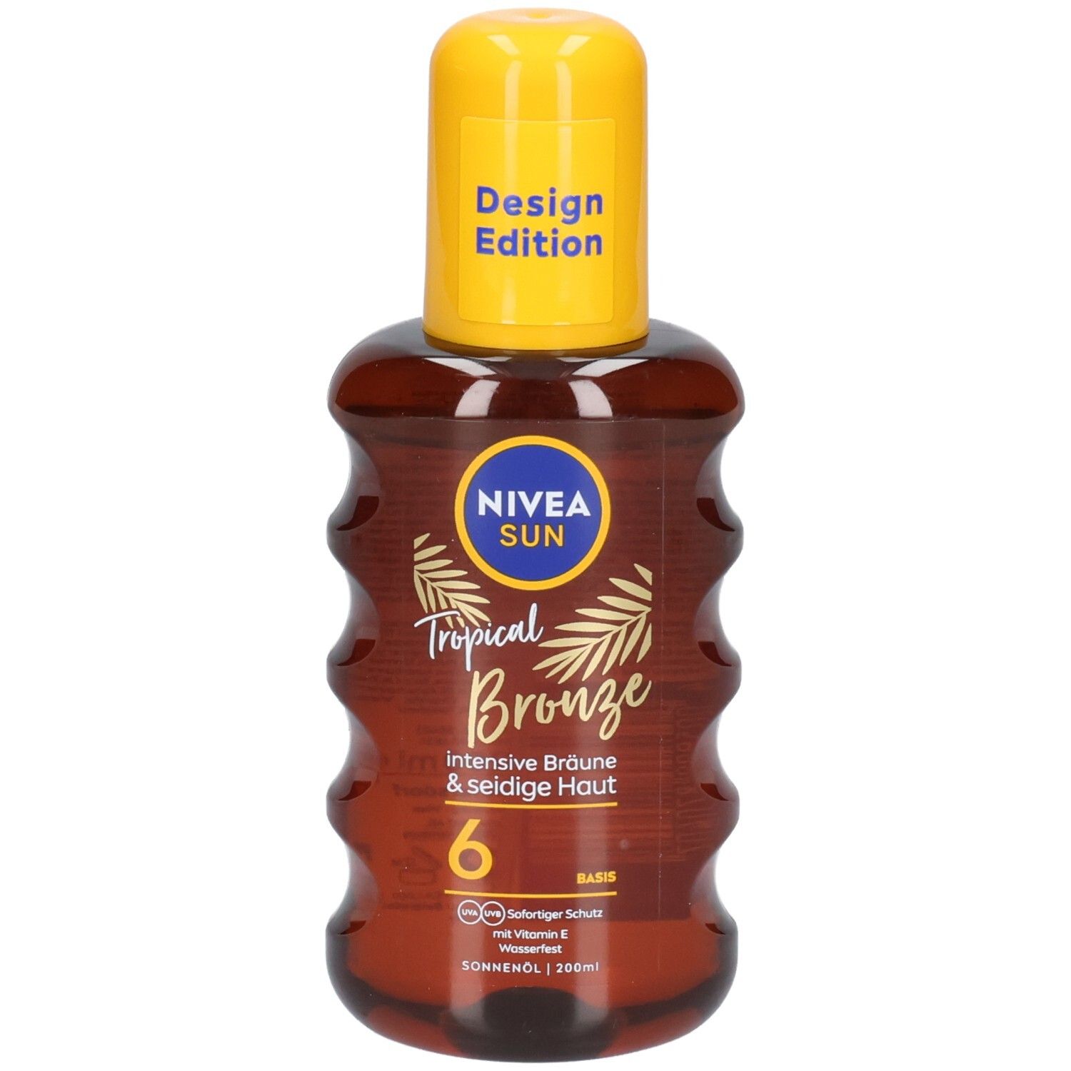 Braune Sonnenölflasche mit gelbem Deckel. Aufschrift: NIVEA SUN Tropical Bronze, LSF 6. Design Edition.