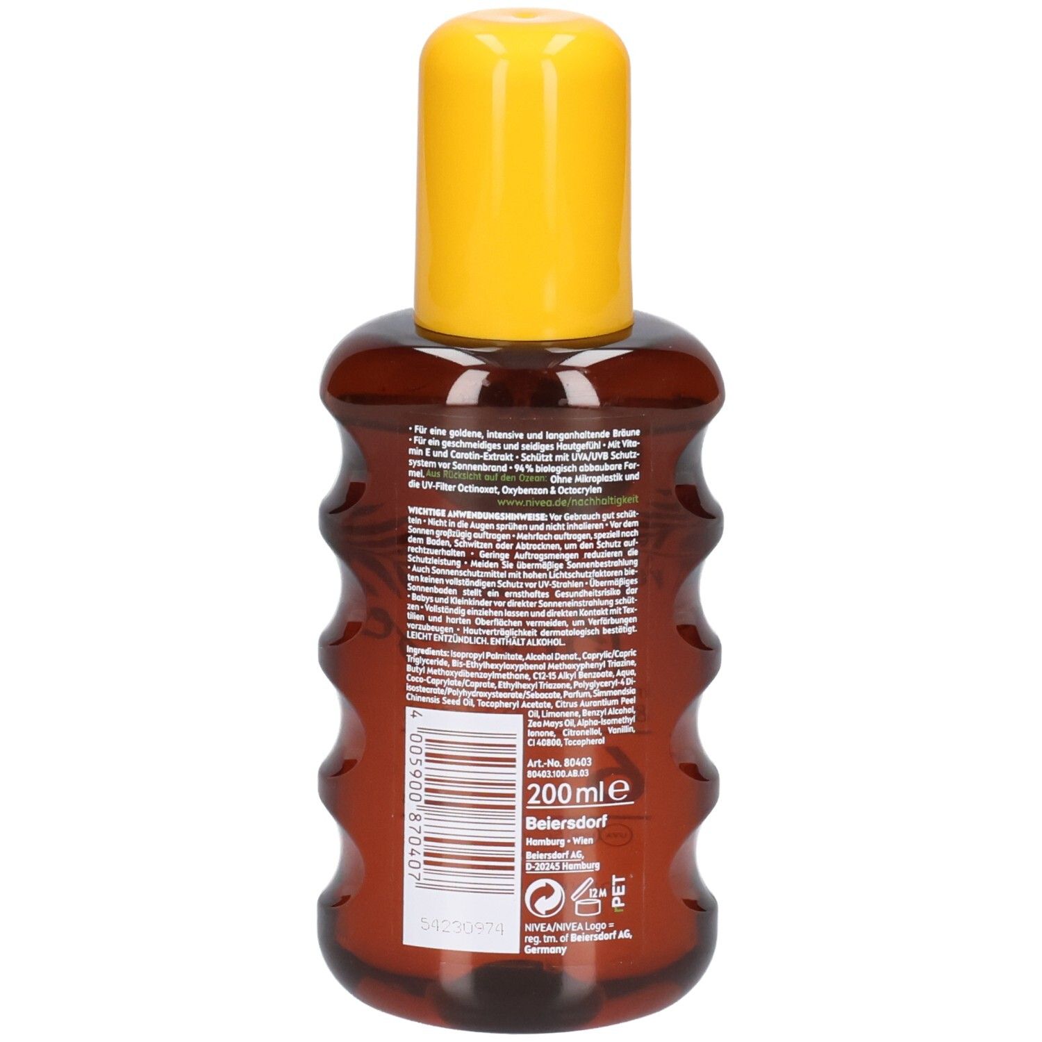 Rückseite der braunen Sonnenölflasche mit gelbem Deckel. Textinformationen und Herstellerangaben.