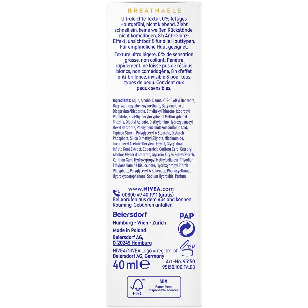 Rückseite der NIVEA SUN UV Gesicht Experte LSF 50 Verpackung mit Inhaltsstoffen und Herstellerangaben.