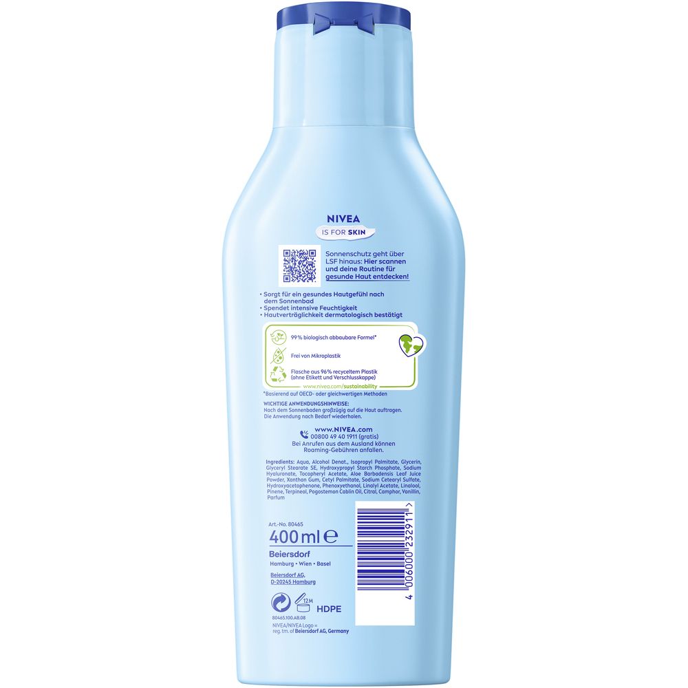 Rückseite der hellblauen Flasche. Enthält Informationen über Inhaltsstoffe, QR-Code und Recycling-Hinweise. 400ml.