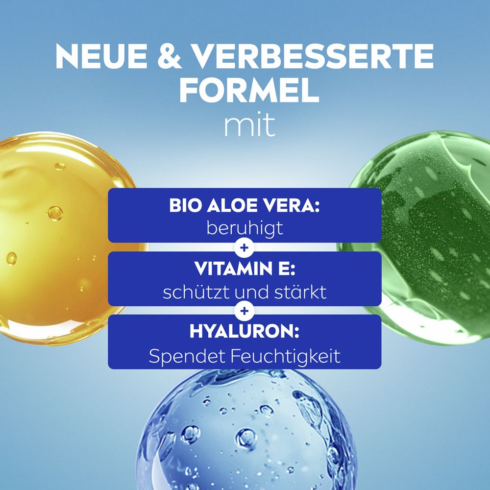 Drei farbige Kugeln: Gelb, Grün, Blau. Text: NEUE & VERBESSERTE FORMEL mit Bio Aloe Vera, Vitamin E, Hyaluron.