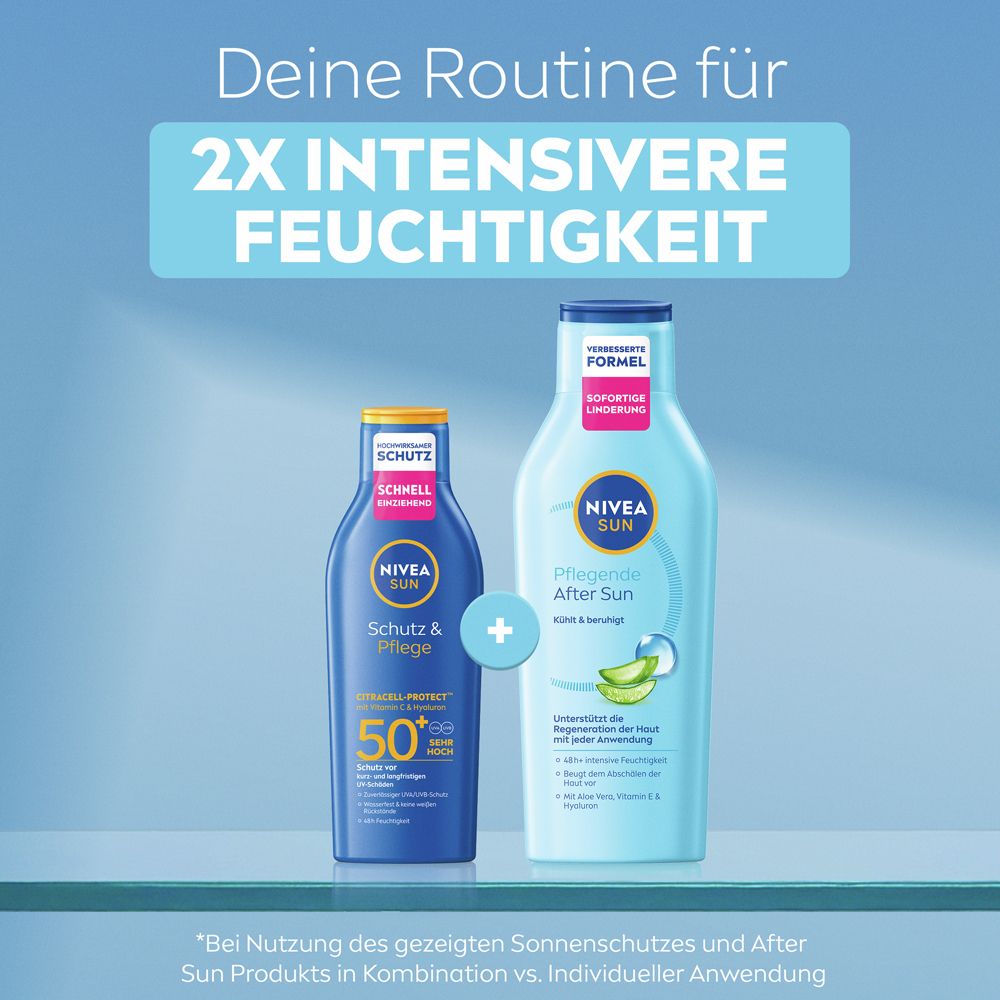 Zwei Flaschen nebeneinander. Text: Deine Routine für 2X INTENSIVERE FEUCHTIGKEIT. NIVEA SUN Schutz & Pflege 50 + NIVEA SUN Pflegende After Sun.