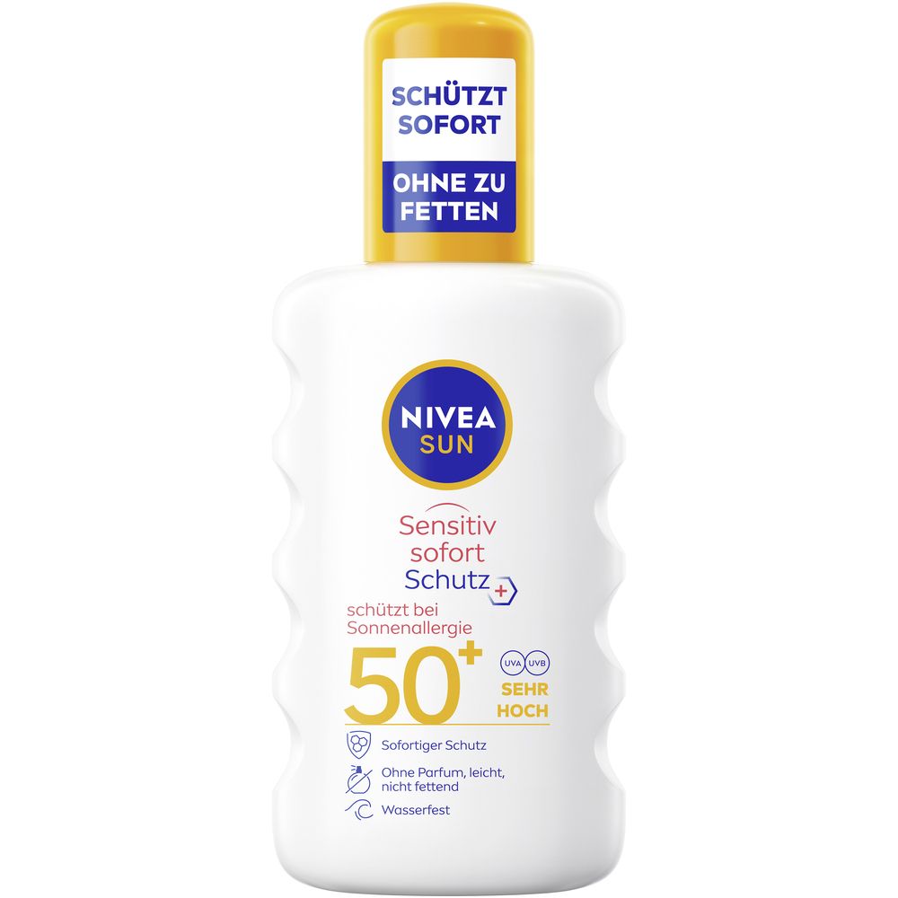 NIVEA SUN Sensitiv Sofort Schutz LSF 50 Flasche mit gelbem Verschluss. "Schützt Sofort" und "Ohne zu fetten" auf der Kappe.