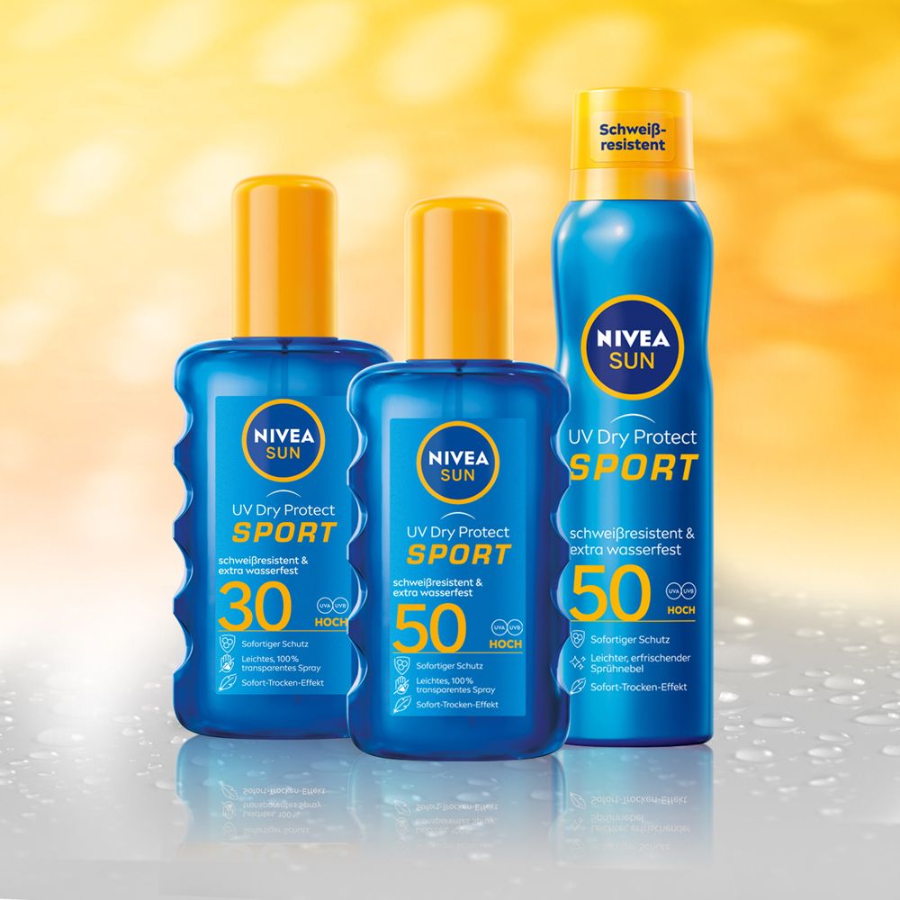 Drei NIVEA SUN UV Dry Protect Sport Sonnensprays nebeneinander, LSF 30 und 50.