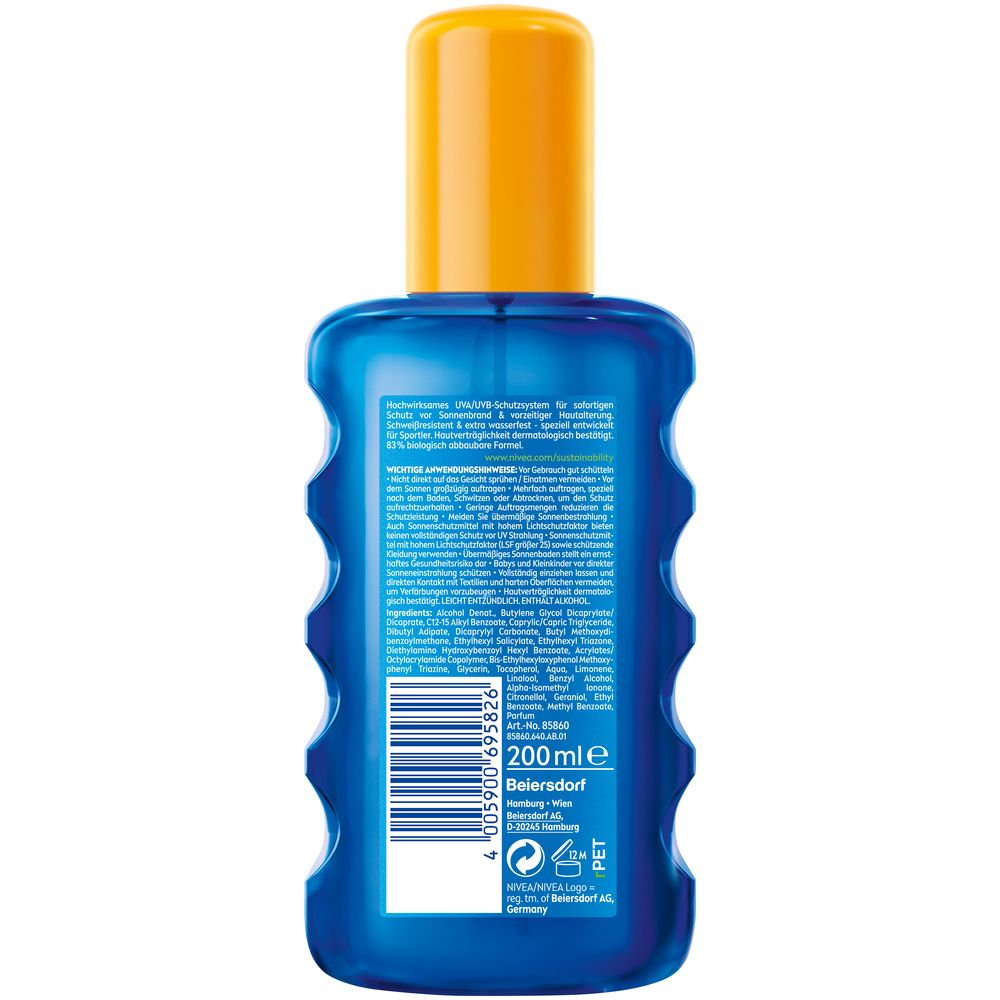 Rückseite einer Nivea Sun UV Dry Protect Sport Sonnenspray-Flasche mit Produktinformationen und Barcode.