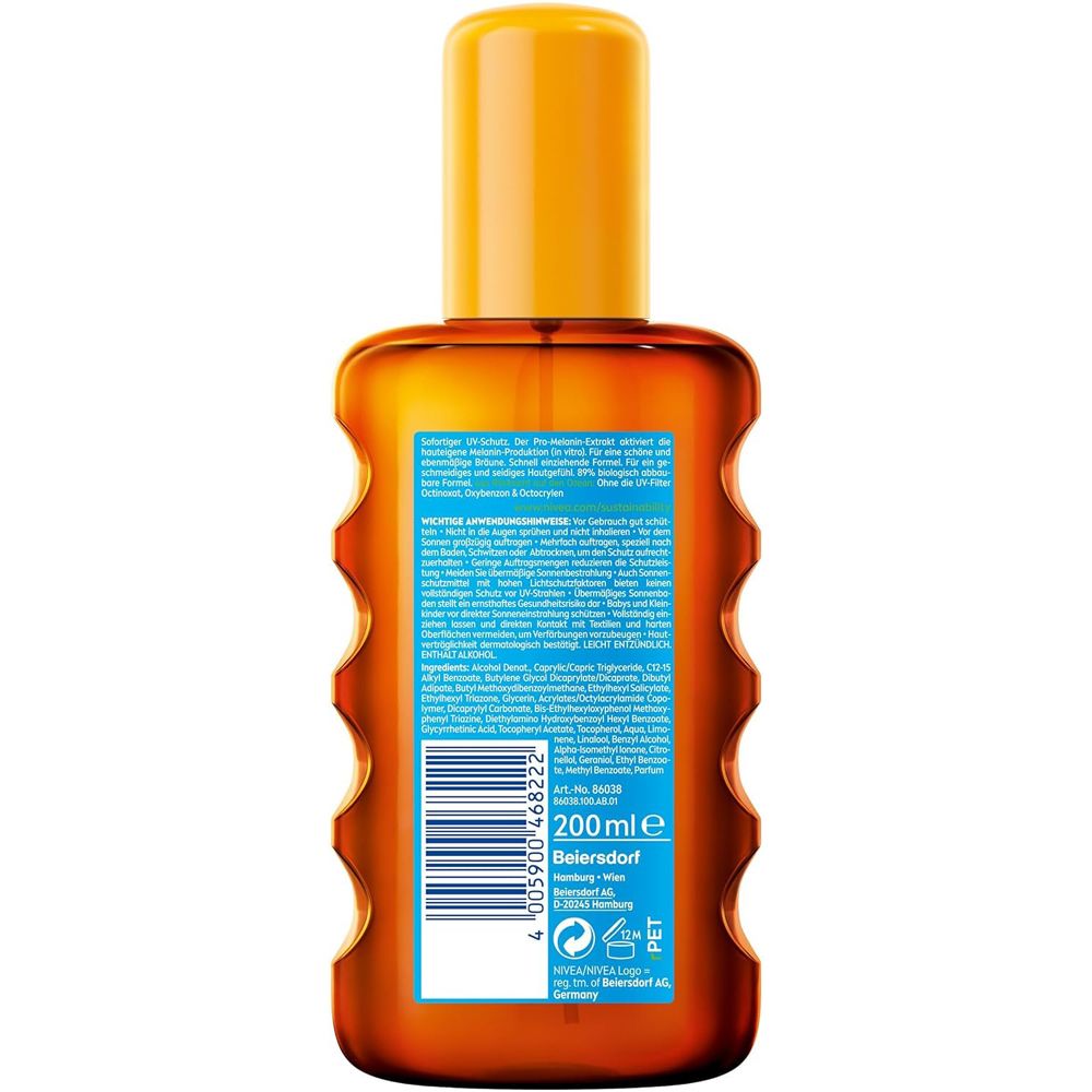 Rückseite des NIVEA SUN Schutz & Bräune Öl-Sprays LSF 30. Enthält Inhaltsstoffe und Barcode.