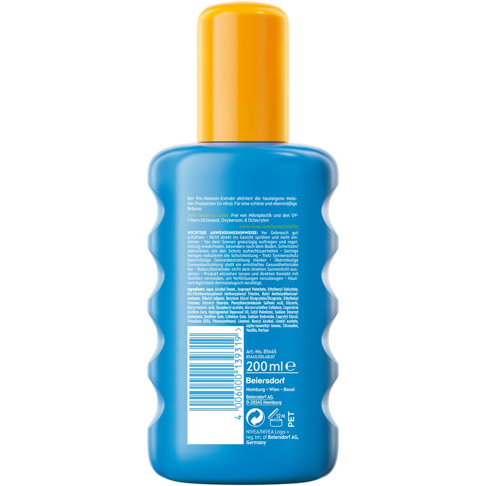 NIVEA SUN Schutz & Bräune Sonnenspray LSF 30, Rückseite mit Barcode und Produktinformationen.