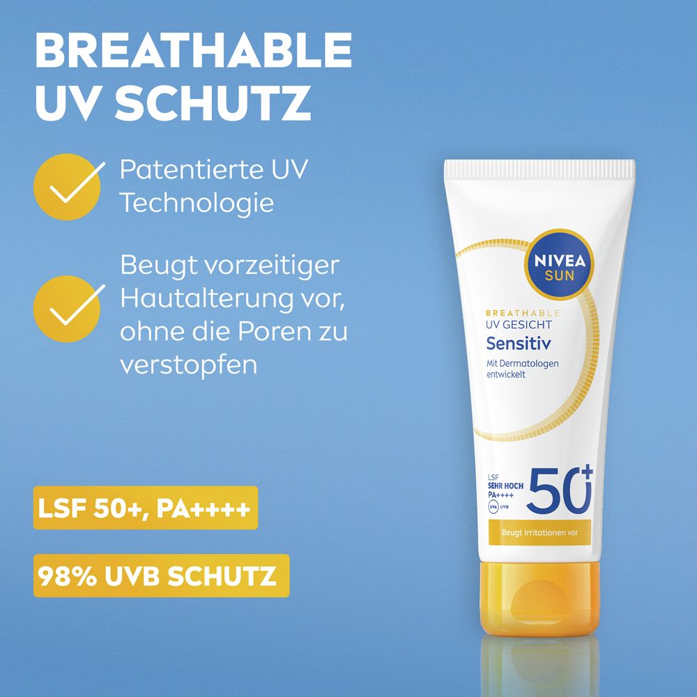 NIVEA SUN Gesicht Sensitiv Tube. LSF 50+, PA++++. Schützt vor Hautalterung und verstopft keine Poren.