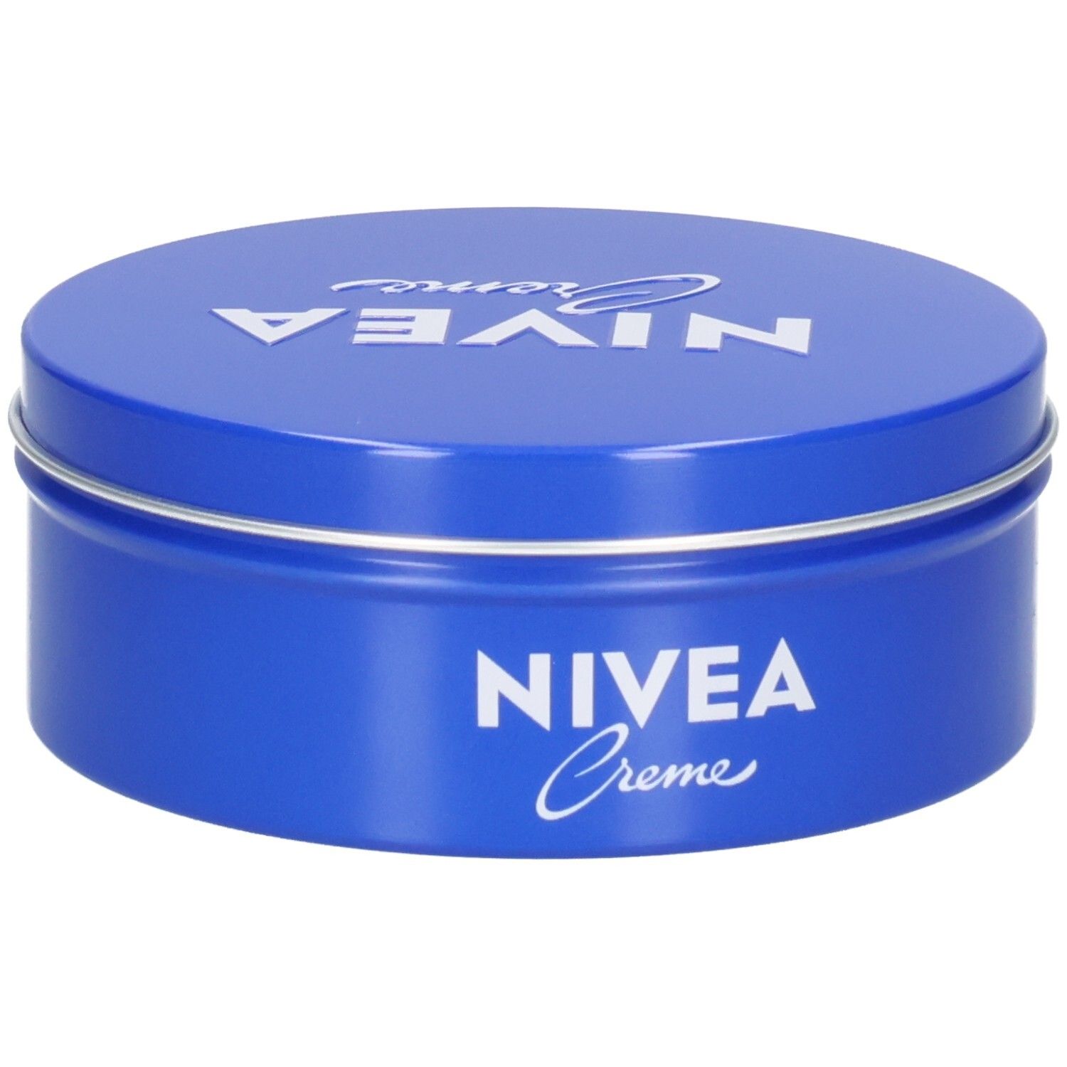 Blaue Dose mit silbernem Rand. Auf dem Deckel und der Seite steht in weißer Schrift "NIVEA Creme".