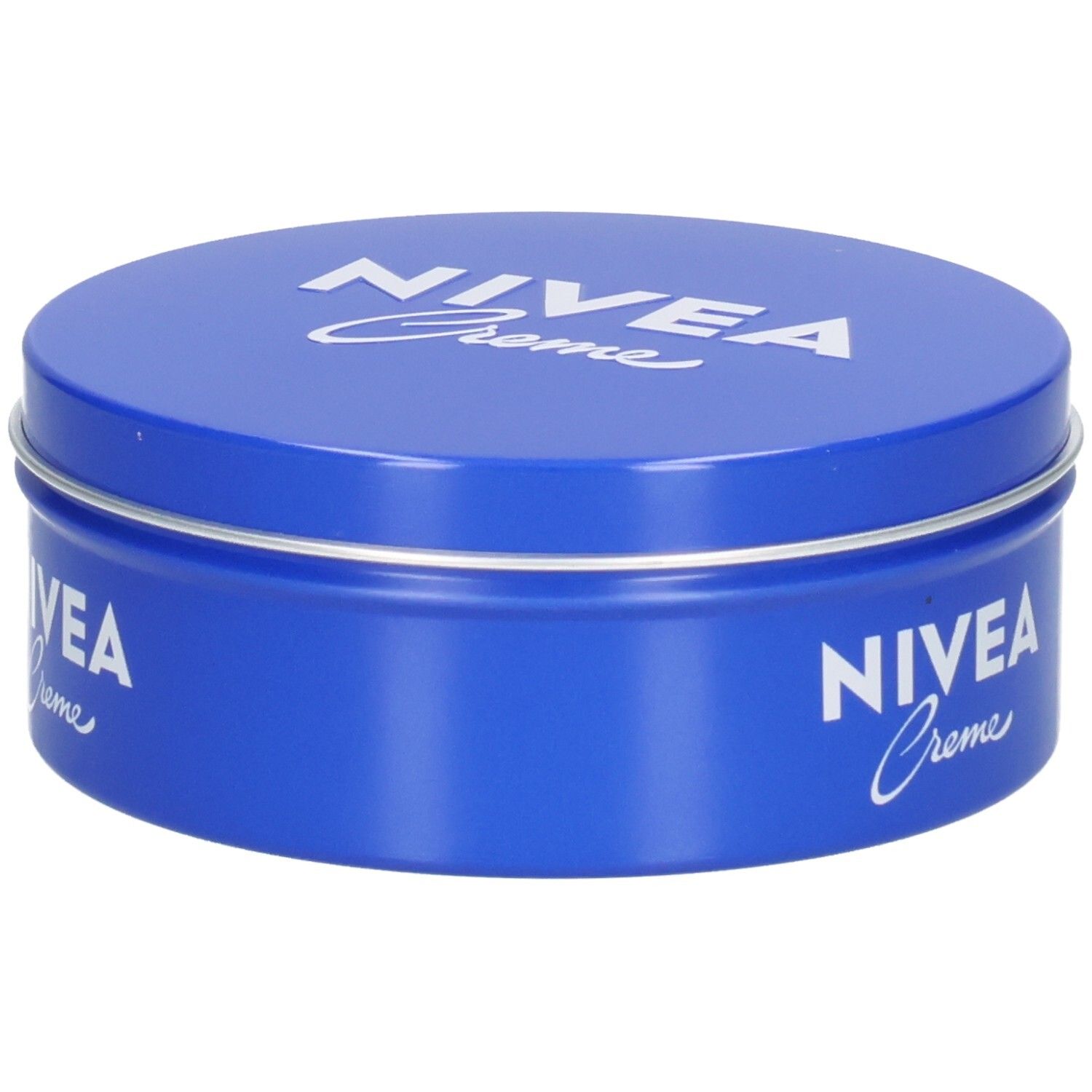 Blaue Dose mit silbernem Rand. Auf dem Deckel und der Seite steht in weißer Schrift "NIVEA Creme".
