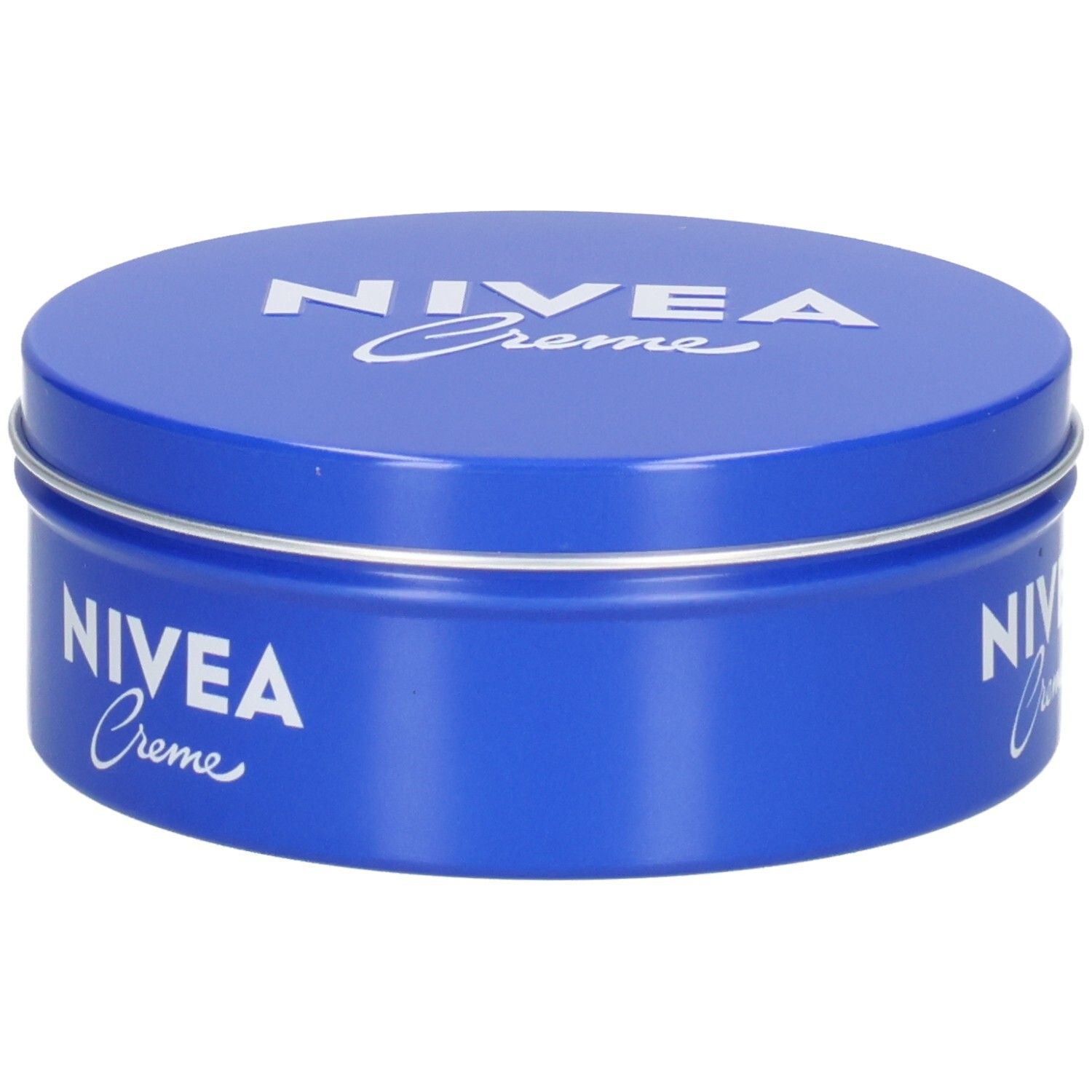 Blaue Dose mit silbernem Rand. Auf dem Deckel und der Seite steht in weißer Schrift "NIVEA Creme".