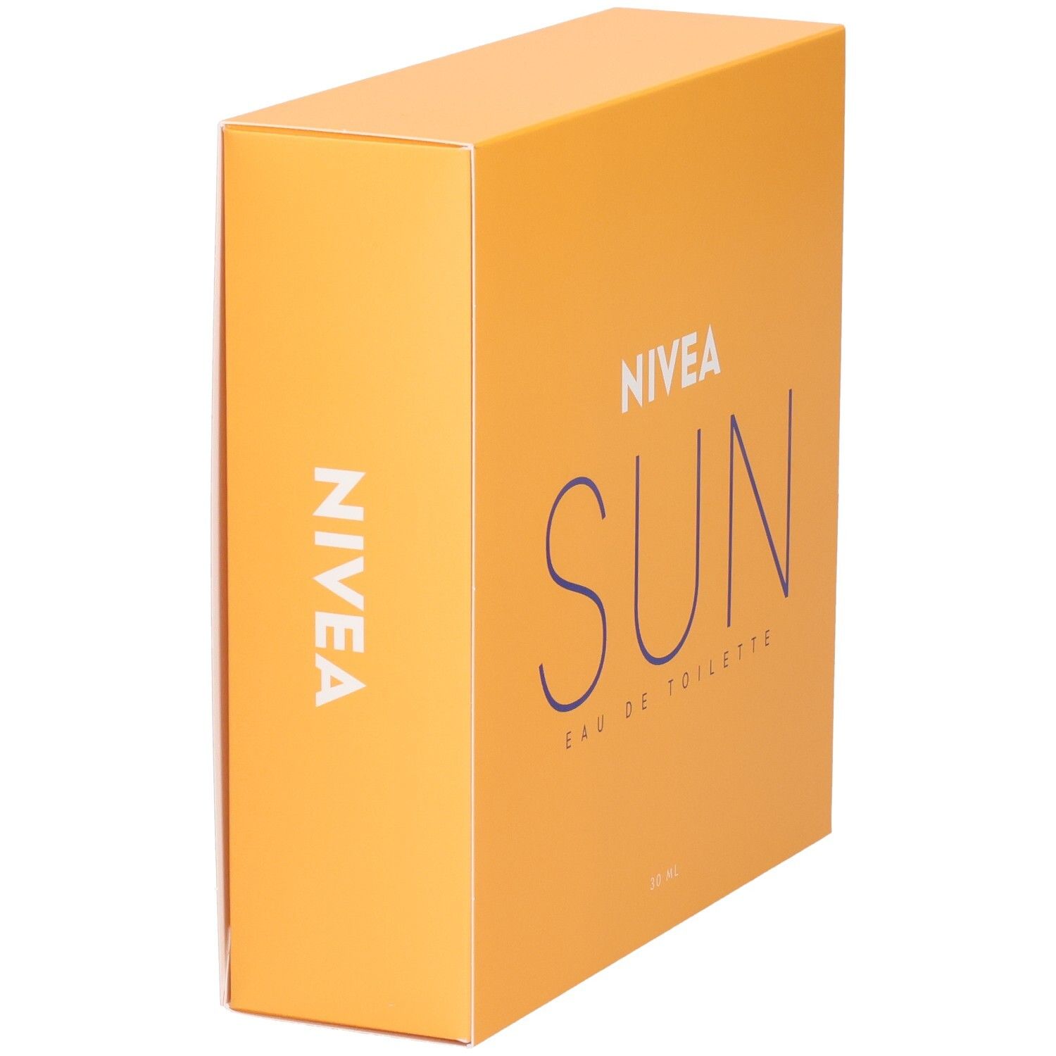 Orangefarbene Verpackung mit blauem Schriftzug NIVEA SUN Eau de Toilette. NIVEA-Logo seitlich.