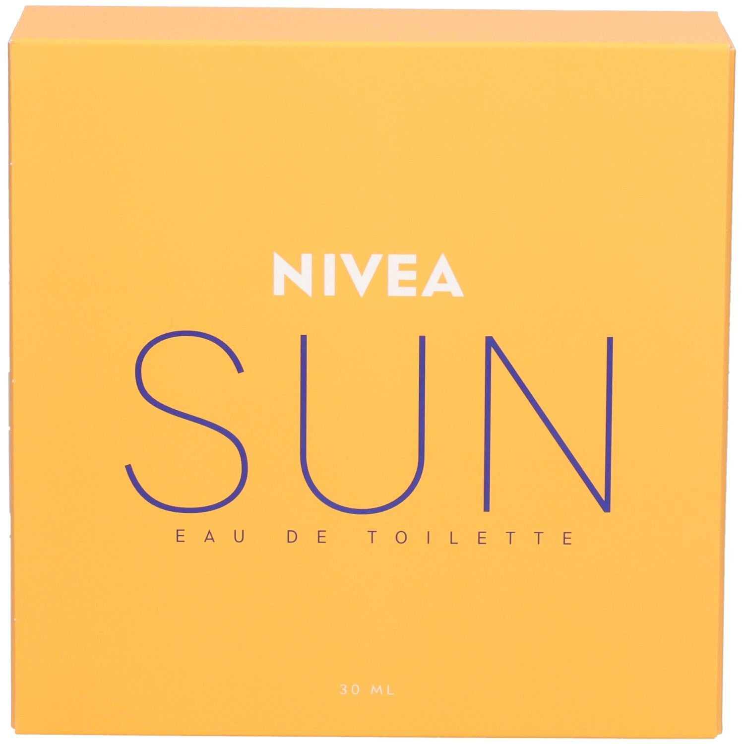 Orangefarbene Verpackung mit blauem Schriftzug NIVEA SUN Eau de Toilette. 30 ml.