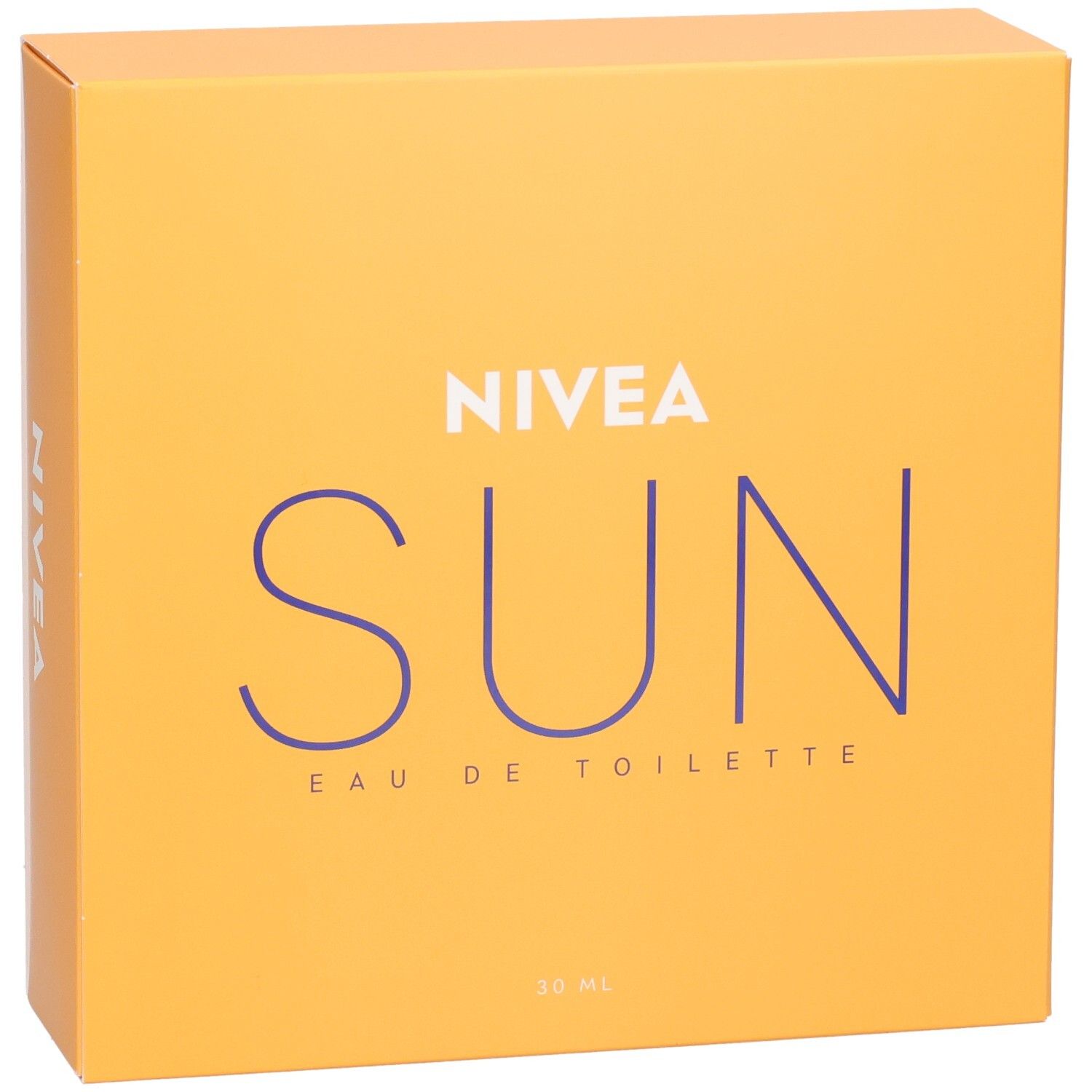 Orangefarbene Verpackung mit blauem Schriftzug NIVEA SUN Eau de Toilette. 30 ml.