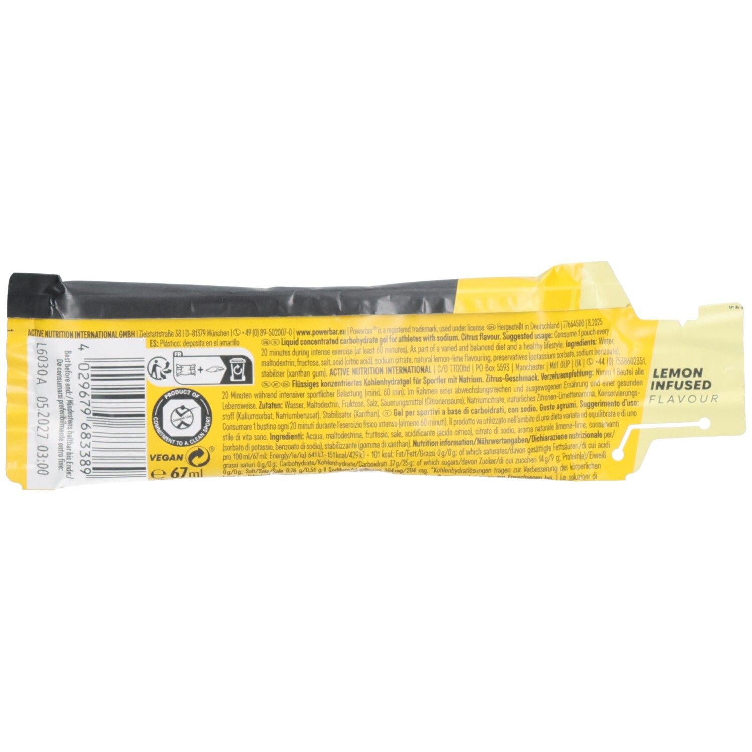 Gel-Packung, Rückseite mit Text und Symbolen. Vegan-Siegel. Aufschrift Lemon Infused Flavour. Inhalt 67ml.