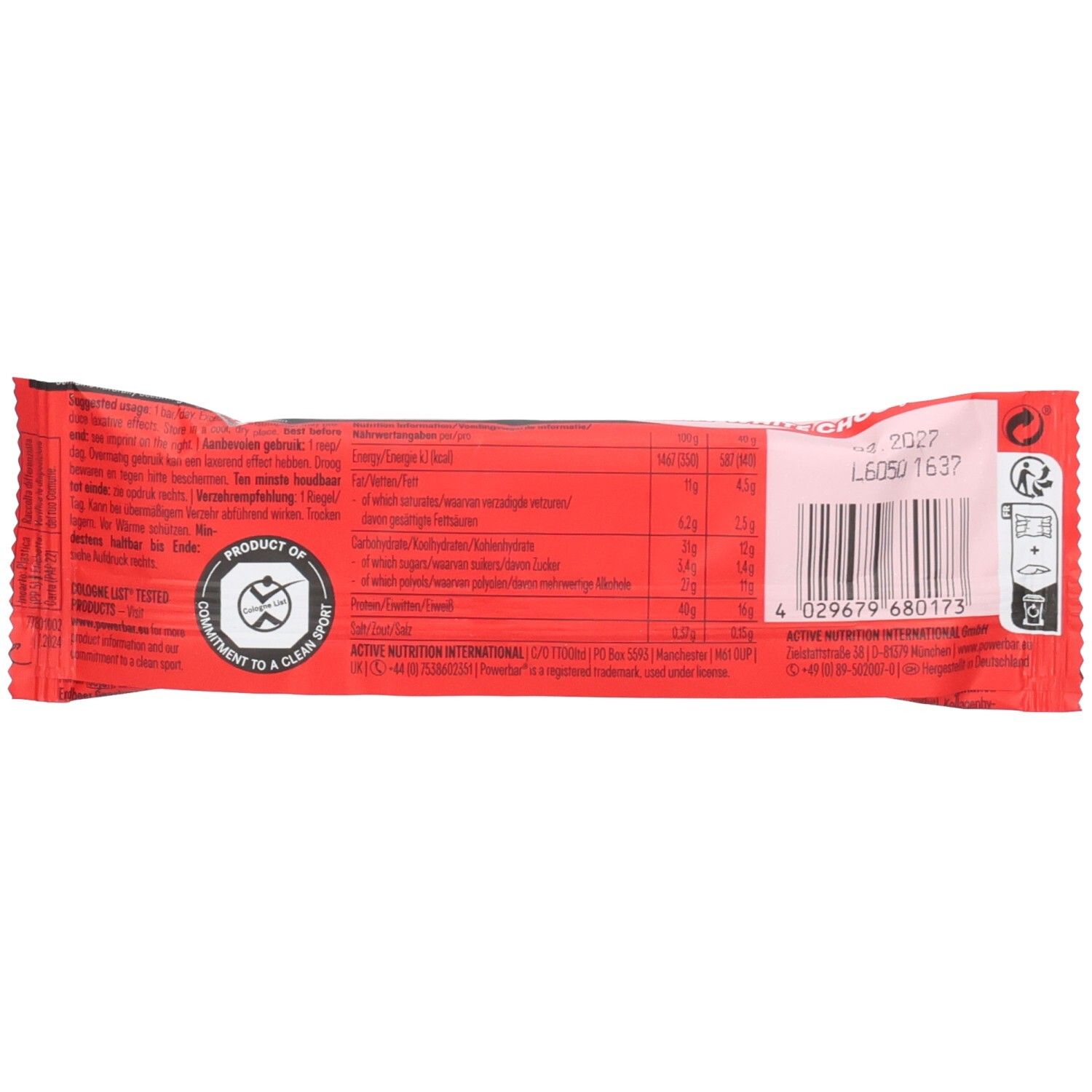 Rückseite der Riegelverpackung. Roter Hintergrund, Text mit Nährwertangaben und Herstellerinformationen.