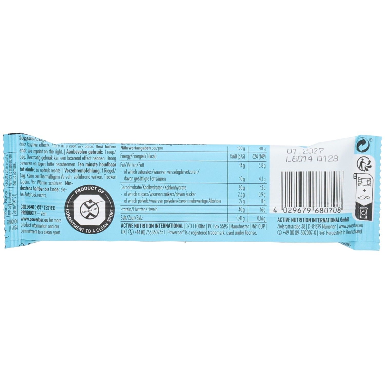 Rückseite der Powerbar 40% Protein+ Crisp Choco Coco Verpackung. Blaue Verpackung mit Nährwertangaben und Barcode.