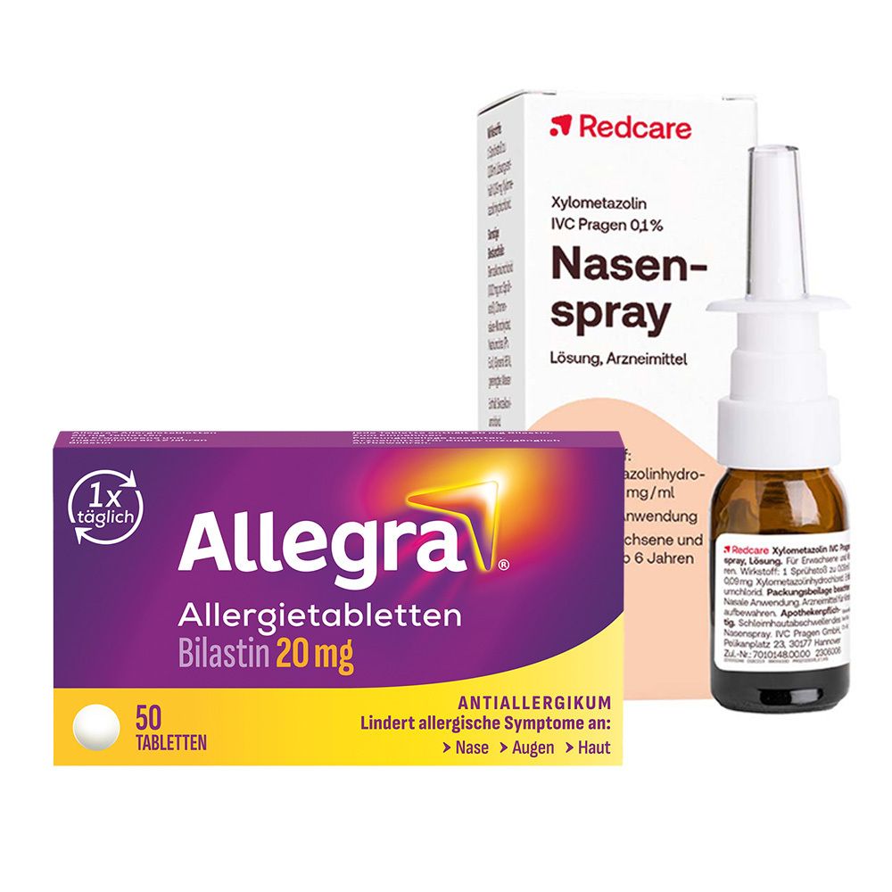 Packung Allegra Allergietabletten, Nasenspray und Flasche. Tablettenpackung mit 50 Tabletten. Nasenspray mit Sprühkopf.