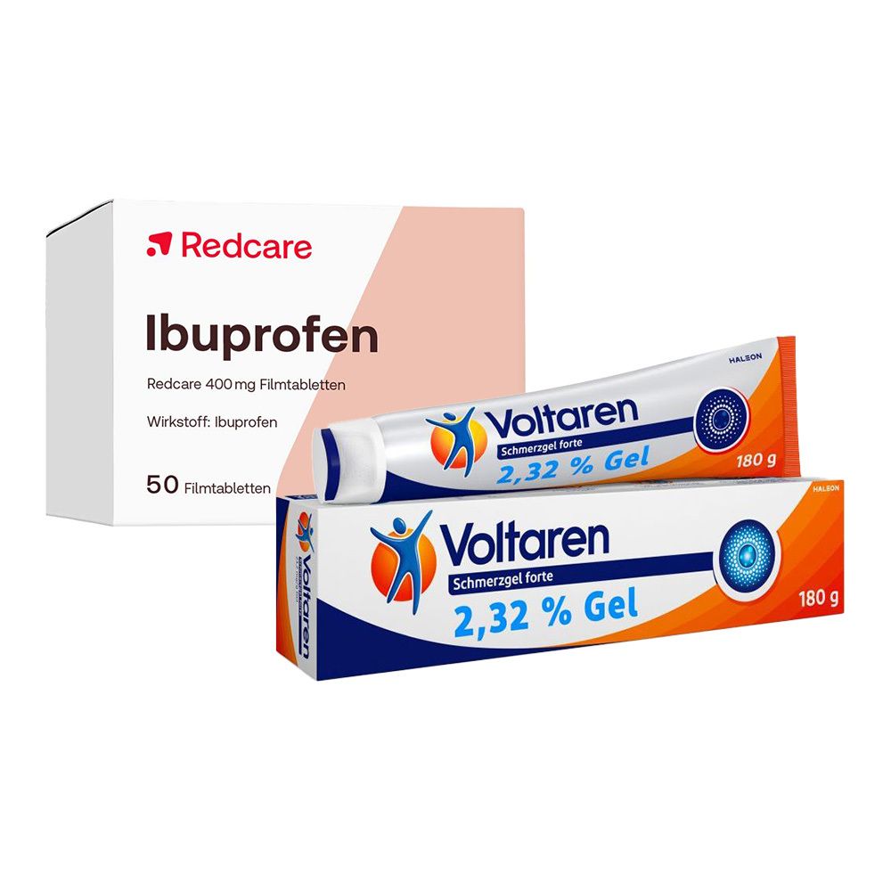 Schachtel mit Ibuprofen-Tabletten und zwei Tuben Voltaren Schmerzgel forte. Aufschrift: 2,32 % Gel.