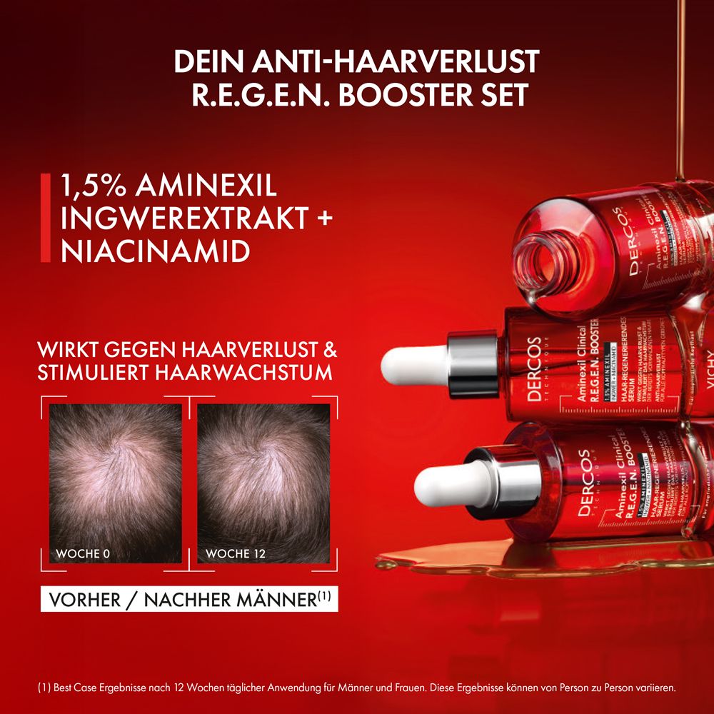 Drei Flaschen Vichy Dercos Aminexil Clinical R.E.G.E.N. Booster Serum. Text: Dein Anti-Haarverlust R.E.G.E.N. Booster Set. Vorher/Nachher Bilder.