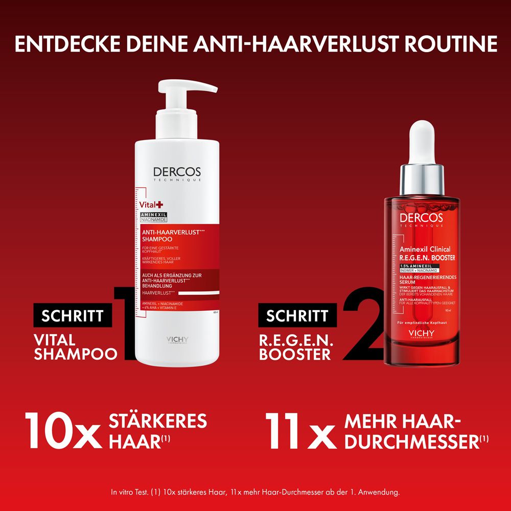 Produkt-Set: Dercos Vital+ Shampoo und R.E.G.E.N. Booster Serum. Rote Grafik mit Text: '10x stärkeres Haar' und '11x mehr Haardurchmesser'.