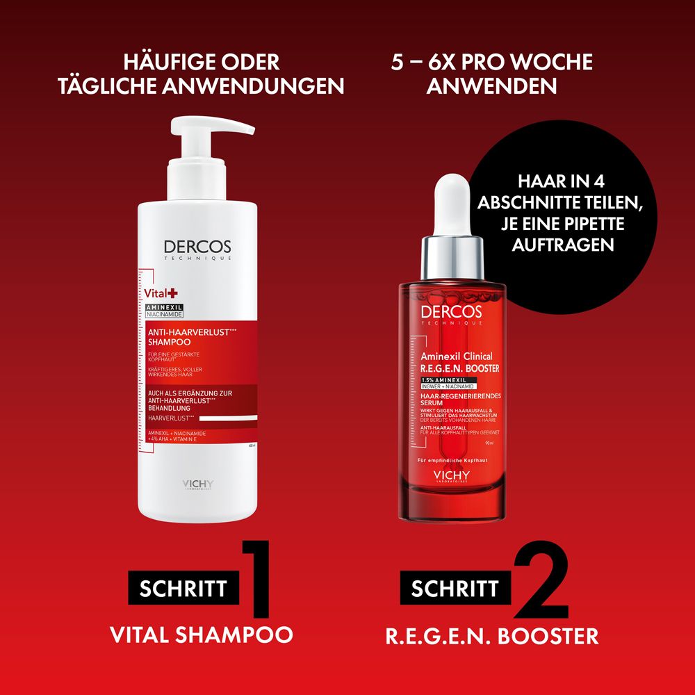 Dercos Vital+ Shampoo und R.E.G.E.N. Booster Serum. Anwendungsanleitung: Schritt 1 Shampoo, Schritt 2 Serum. Anwendung: 5-6x pro Woche.