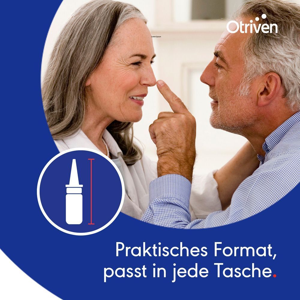 Älteres Paar, Frau zeigt auf Nase des Mannes. Text: Praktisches Format, passt in jede Tasche. Blaues Logo mit Nasenspray-Symbol.