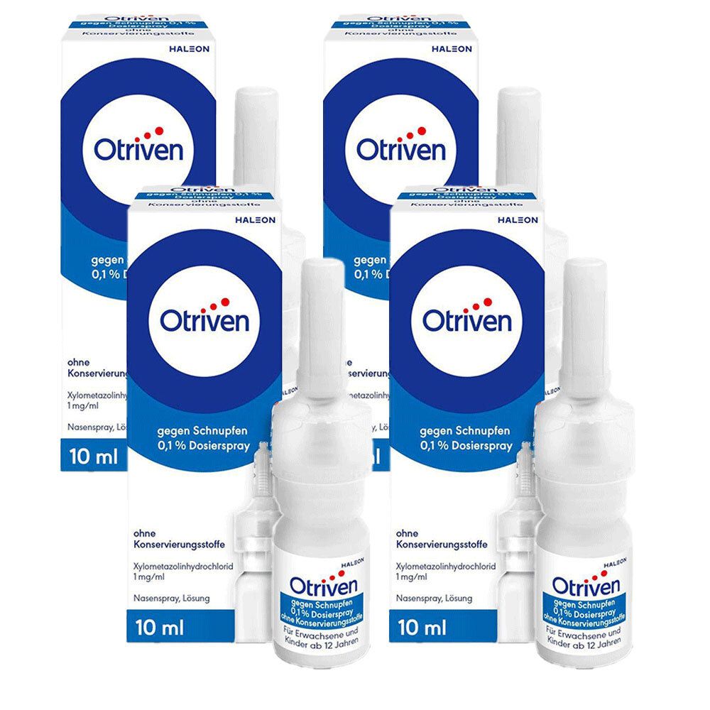 Mehrere Packungen und Flaschen Otriven-Nasenspray. Weiße Flaschen mit blauer Schrift und Verpackung. Enthält 10 ml.