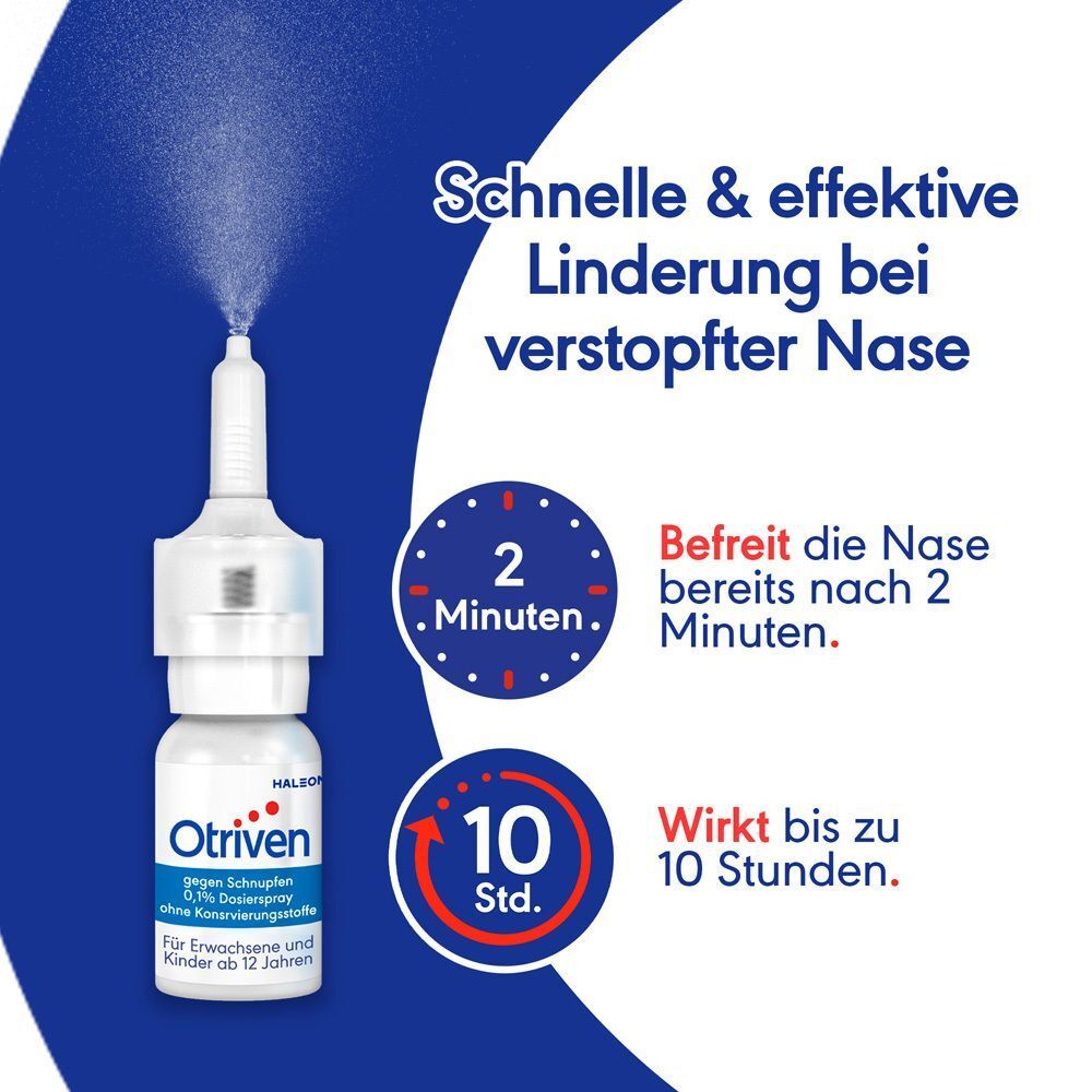 Otriven-Nasenspray-Flasche. Blaue und weiße Gestaltung. Text: Schnelle & effektive Linderung bei verstopfter Nase. Wirkt bis zu 10 Stunden.
