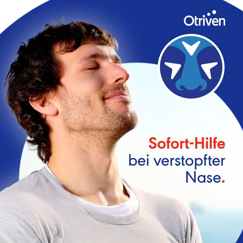 Mann mit geschlossenen Augen. Blaue Grafik mit Nasen-Symbol. Text: Sofort-Hilfe bei verstopfter Nase.