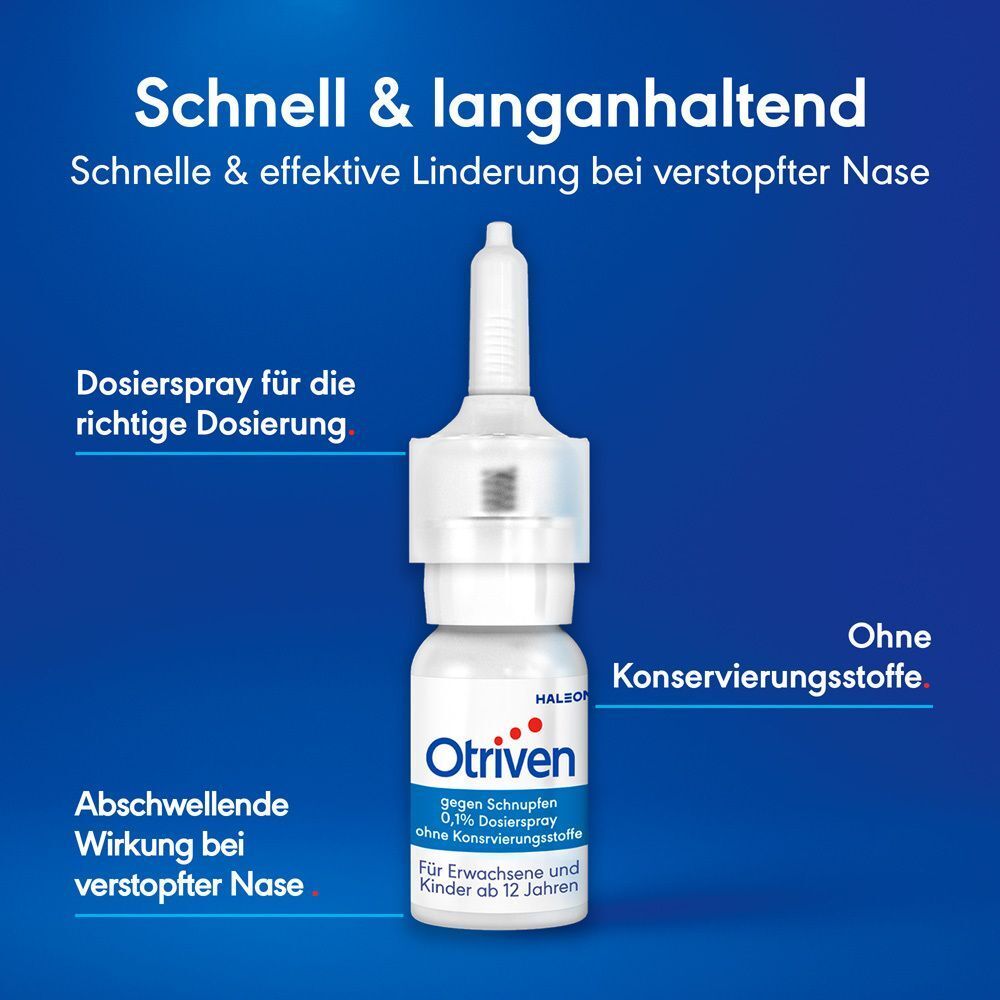 Otriven-Nasenspray-Flasche. Blaue und weiße Gestaltung. Text: Schnelle & langanhaltende Linderung bei verstopfter Nase. Ohne Konservierungsstoffe.